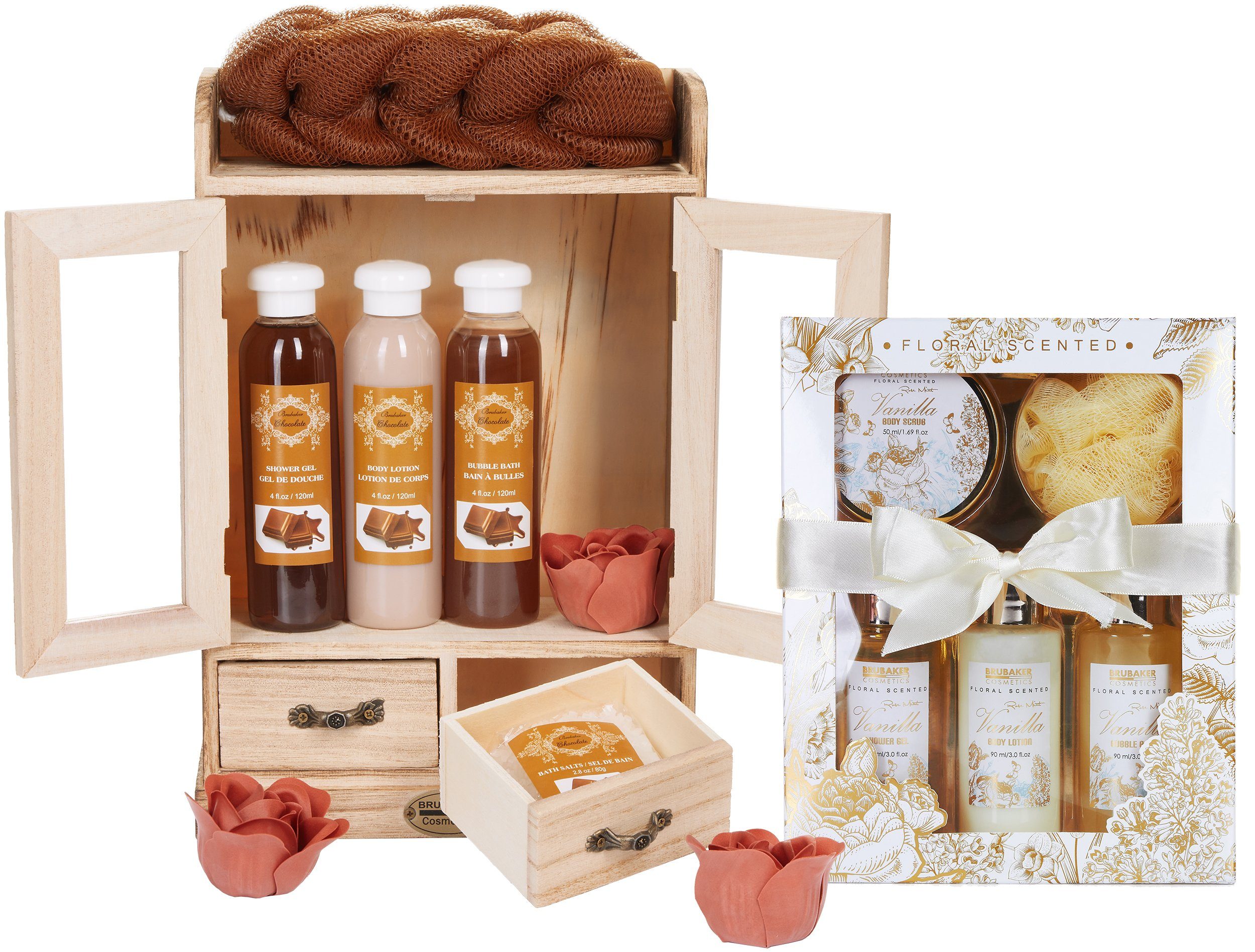BRUBAKER Pflege-Geschenkset 2 in 1 Pflegeset Schokolade & Vanilla Rose Minze - Wellness Set, 15-tlg., Damen Dusch- und Badeset - Frauen Beauty Geschenkset mit Dekoration