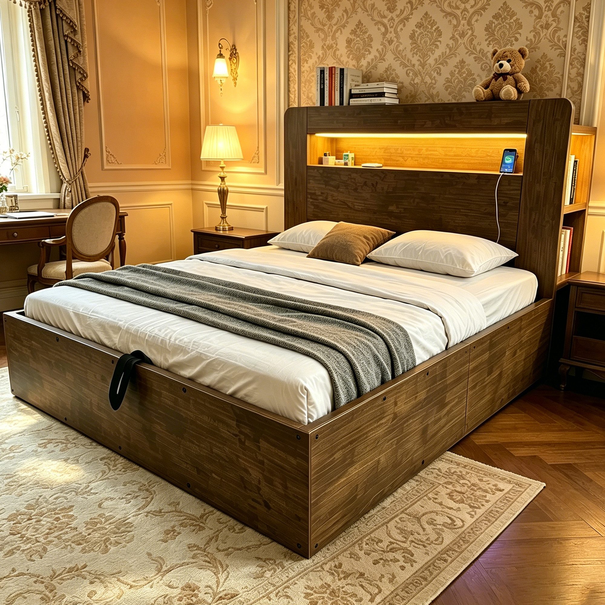 OKWISH Funktionsbett Holzbett Stauraumbett (mit Stauraum, hydraulischem Hubsystem, LED-Kopfteil und integrierten Steckdosen), ohne Matratze