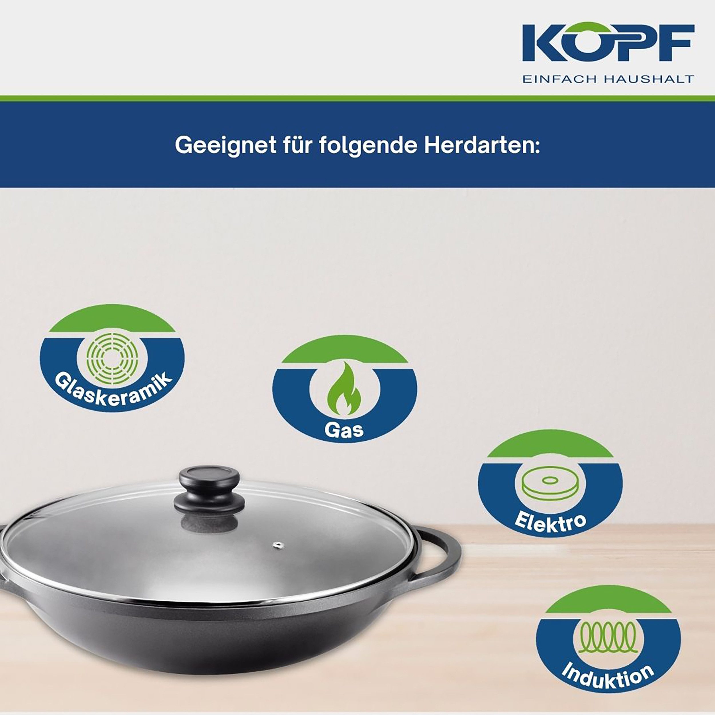 Kopf Wok Mai-Lu, Aluminiumguss, Ø 36 cm, Induktion, Antihaftbeschichtung, inkl. Glasdeckel & Zubehör