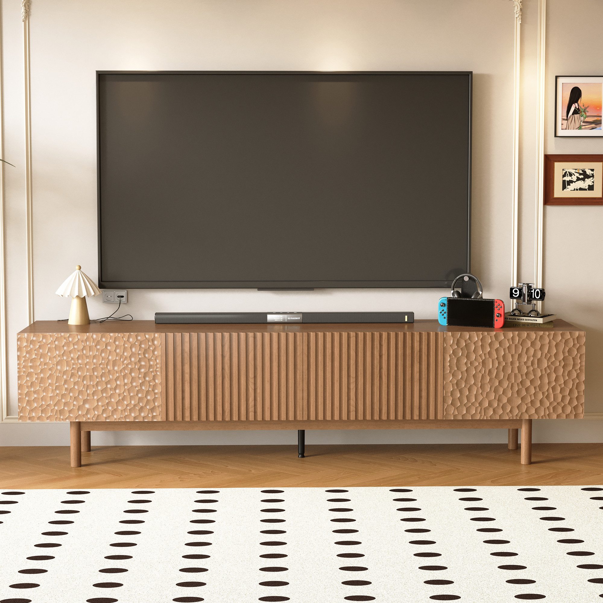 oleyluckidea TV-Schrank mit Stauraum, TV lowboard hochbeinig,lowboard für 80"+TV,Nussfarbe Breite 220 cm