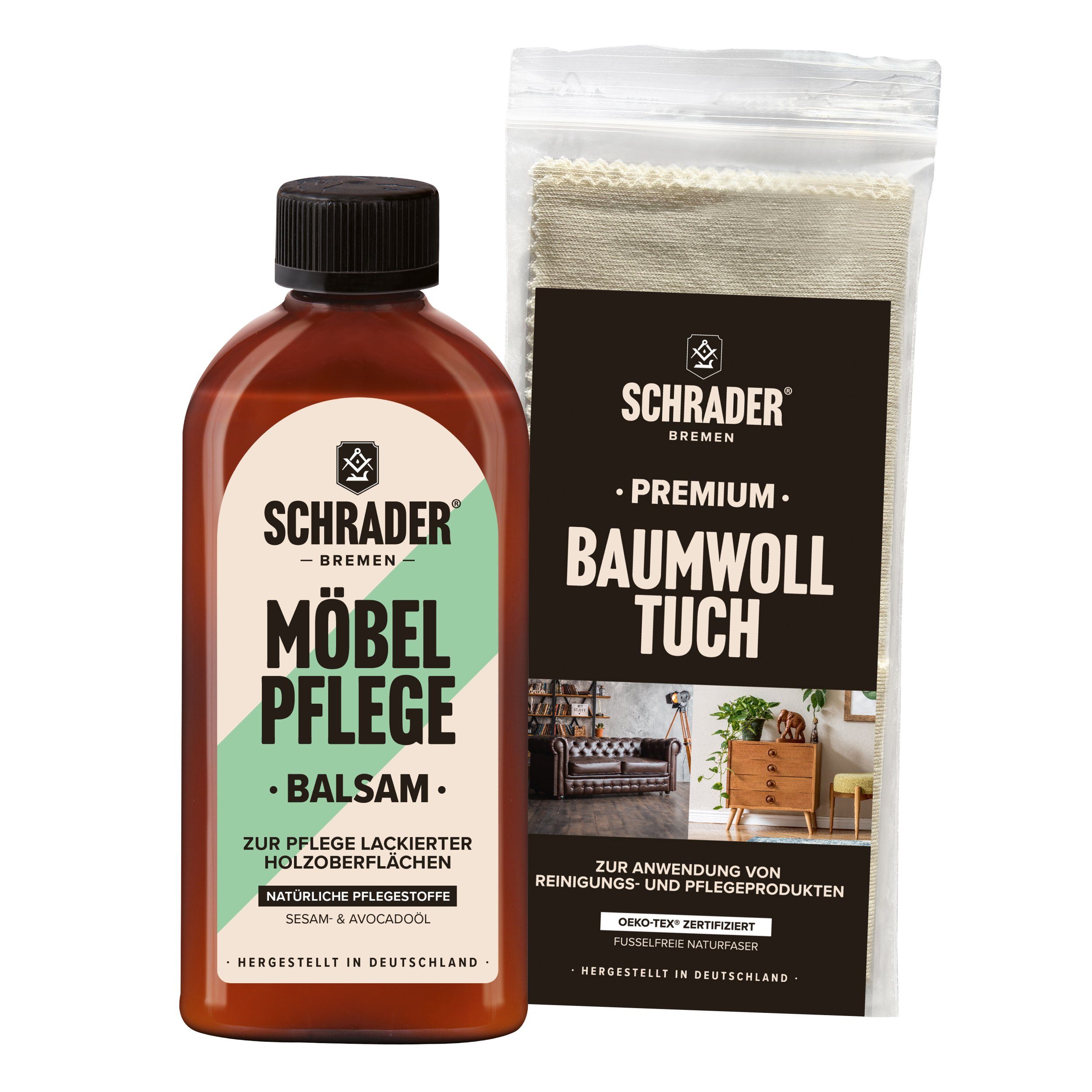 Schrader Möbel Pflege Balsam + Tuch - zweiteiliges Set Holzreiniger (Pflegemittel für lackierte Holzoberflächen - Made in Germany)