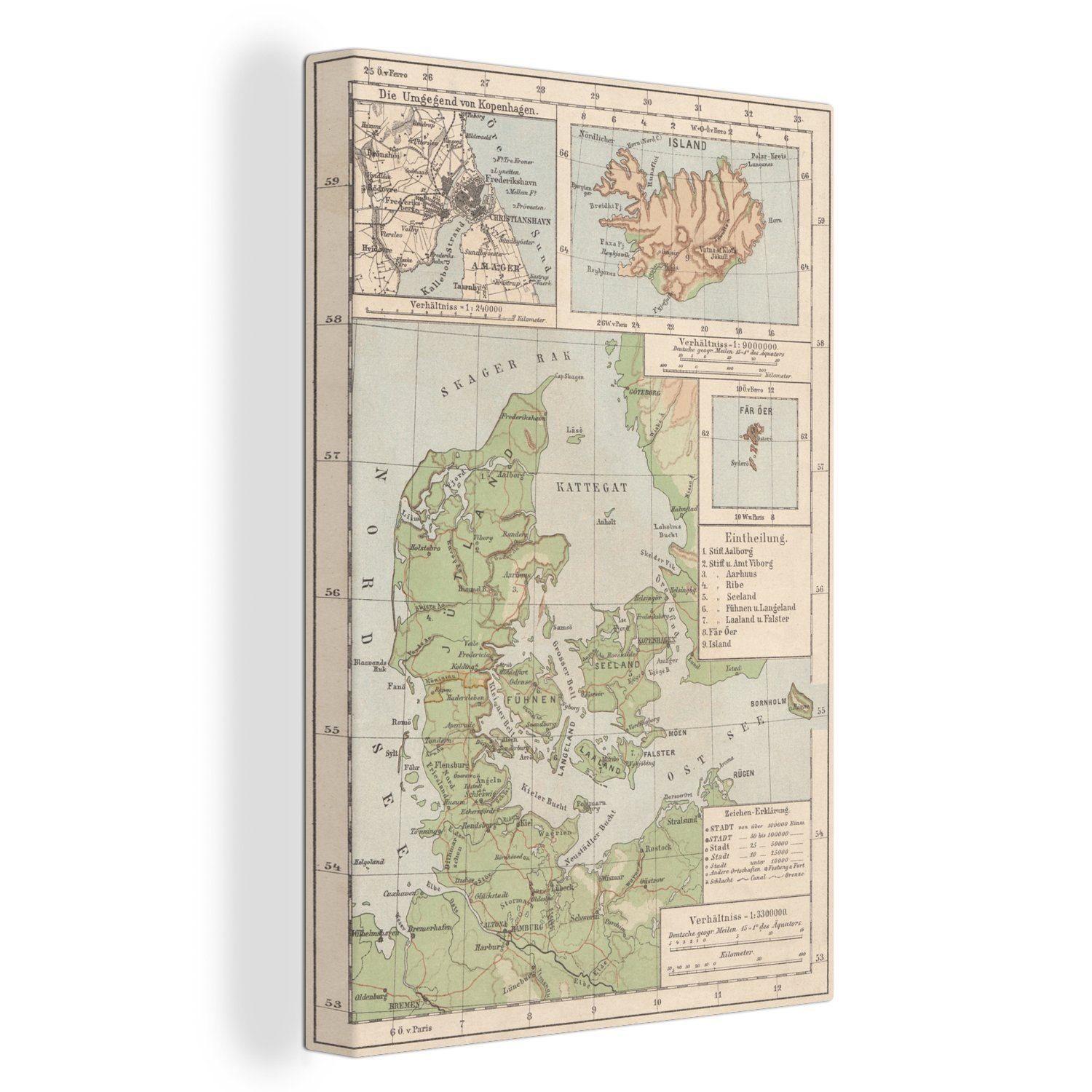 OneMillionCanvasses® Leinwandbild Illustration einer alten Karte von Dänemark, (1 St), Leinwandbild fertig bespannt inkl. Zackenaufhänger, Gemälde, 20x30 cm