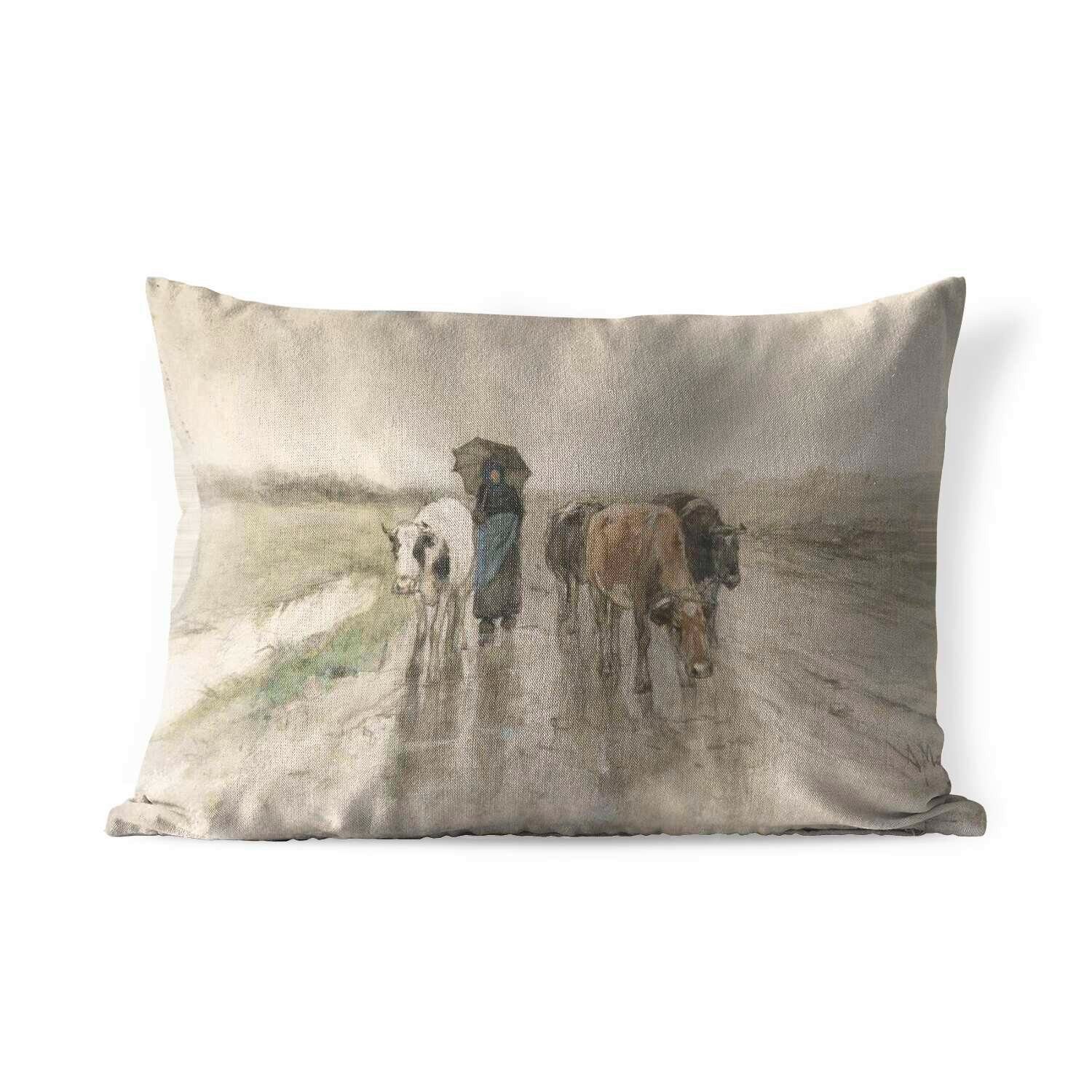 MuchoWow Dekokissen Eine Bäuerin mit Kühen auf einer Landstraße im Regen - Gemälde von, Outdoor-Dekorationskissen, Polyester, Dekokissenbezug, Kissenhülle