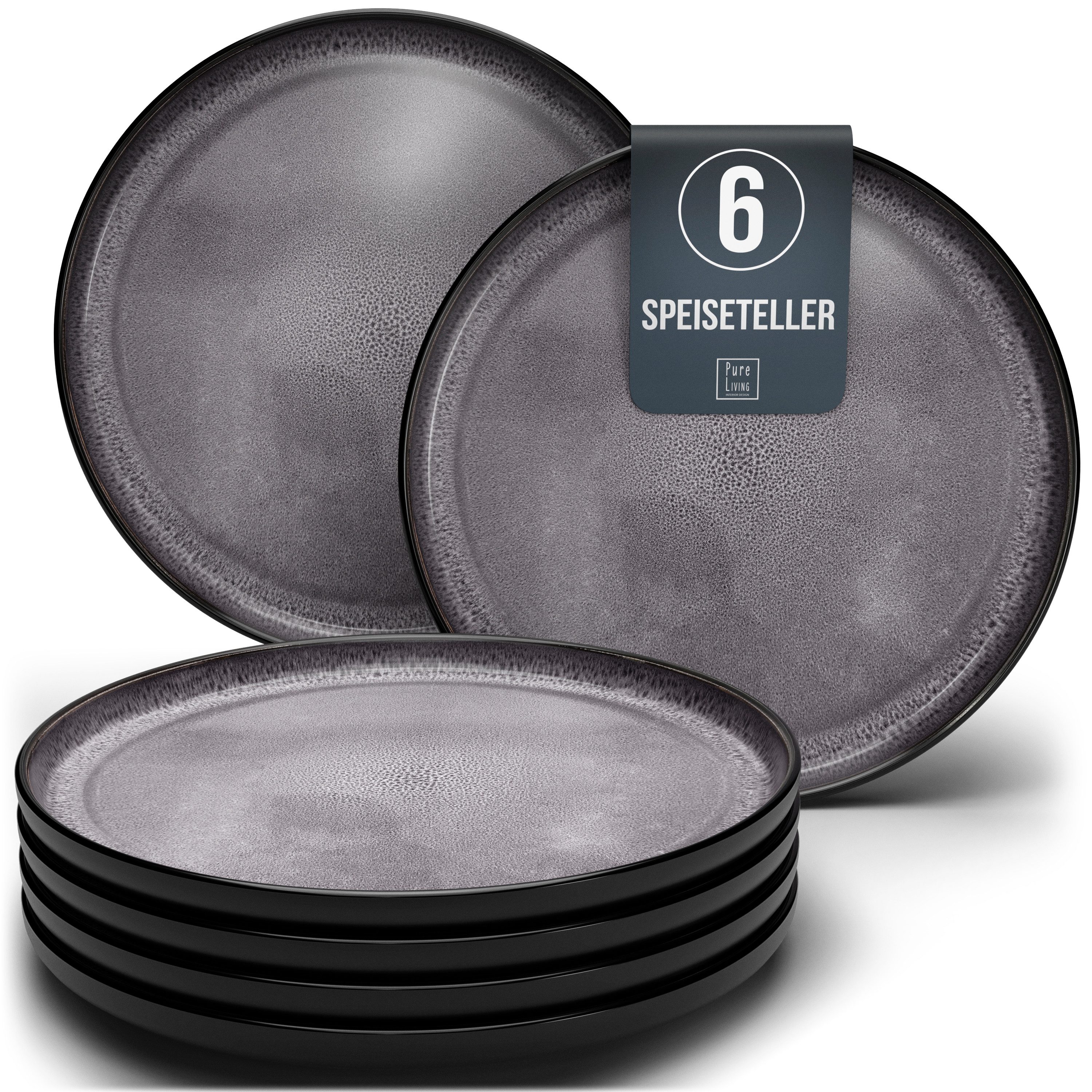 PURE LIVING INTERIOR DESIGN Geschirr-Set Ibiza Speisseteller, Dinnerteller, 6er-Set, 26 cm, Grau (6-tlg), 6 Personen, Steingut