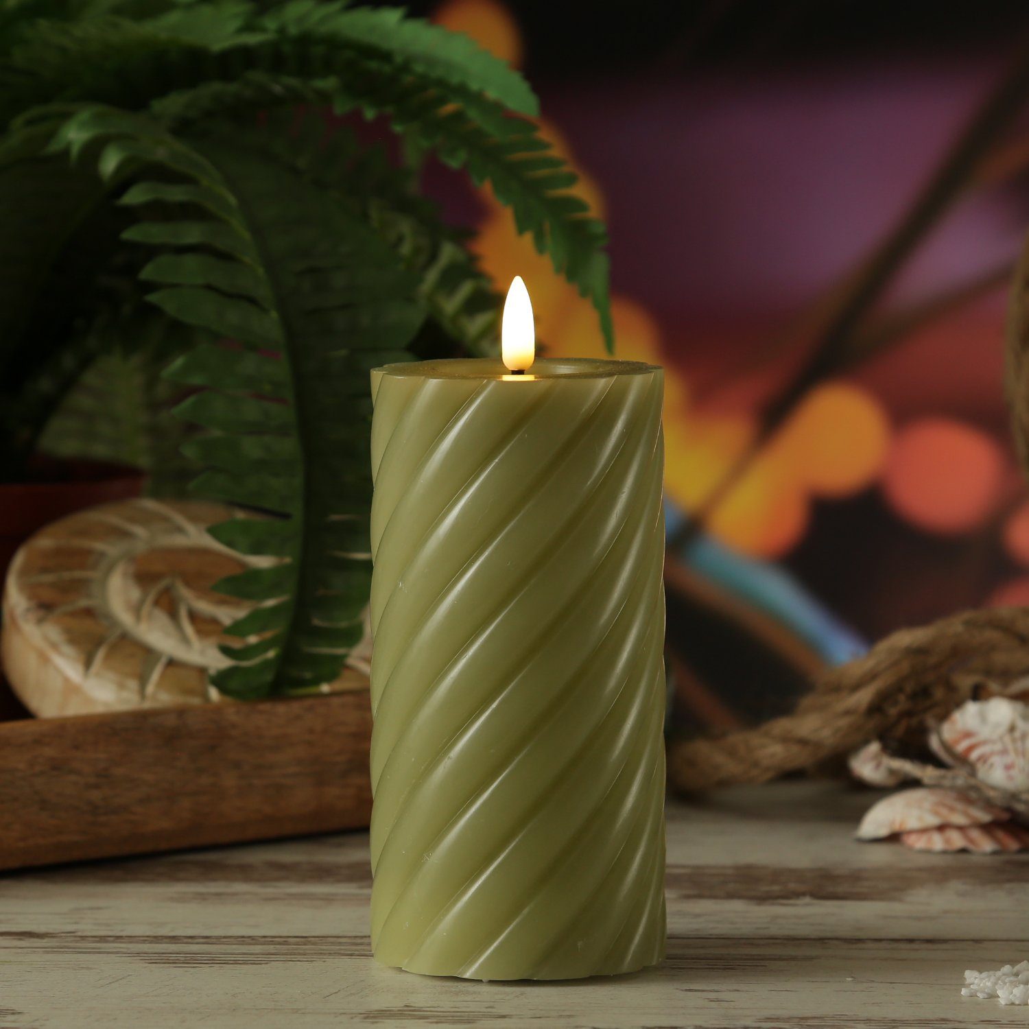 MARELIDA LED-Kerze LED Kerze Twist Echtwachs gedreht flackernd H: 17,5cm Timer grün, warmweiß (2100K bis 3000K)