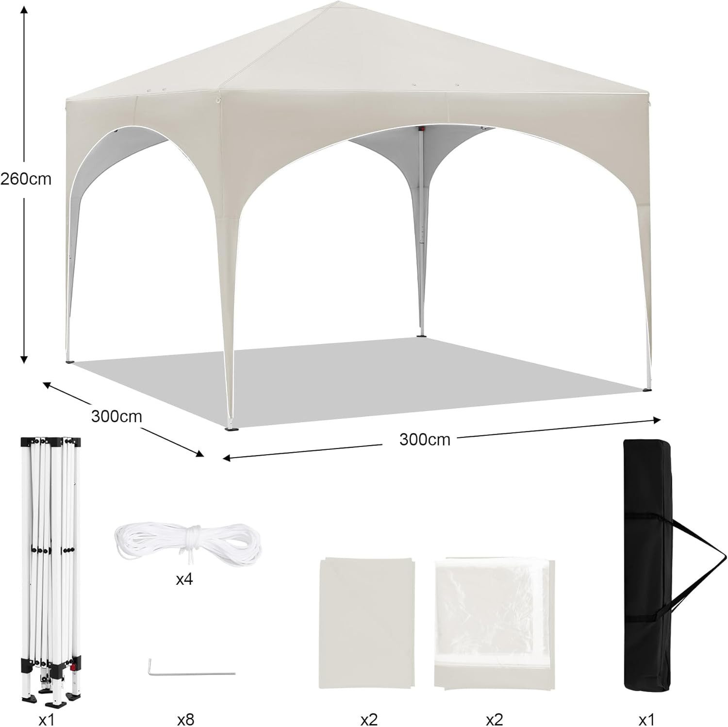 EUGAD Pavillon, mit 4 Seitenteilen, Pop-Up Faltpavillon, 3x3 m, mit Seitenwänden Fenstern Tasche, stabil