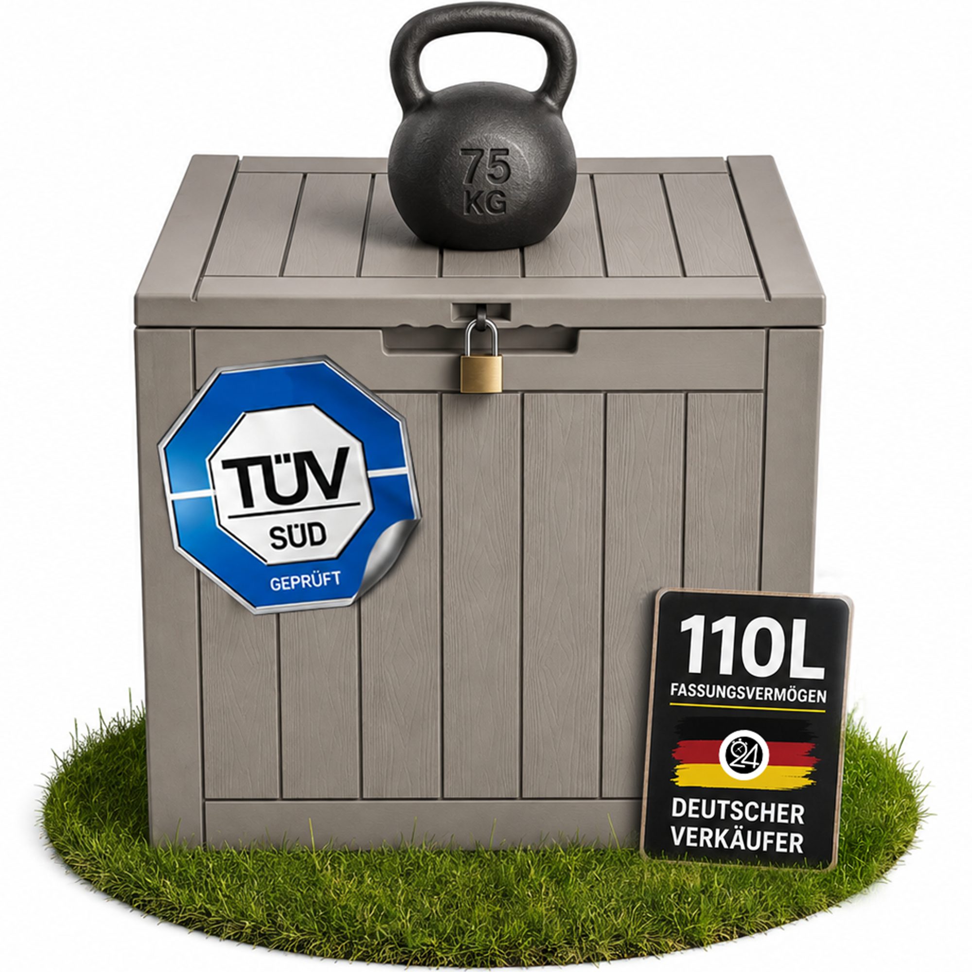 ONDIS24 Gartenbox City Cube Holzoptik Kissenbox Poolbox Sitztruhe 110L, UV,- und witterungsbeständig, abschließbar