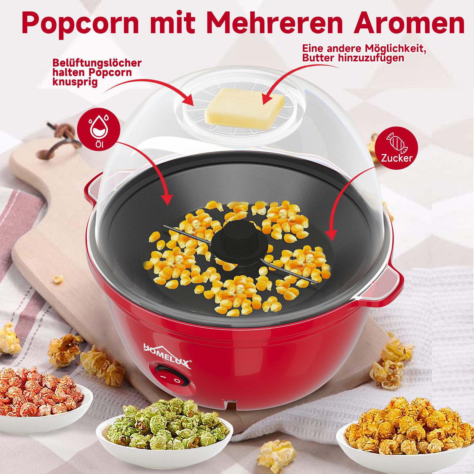 HOMELUX 2-in-1-Popcornmaschine 2.5L Popcorn Maker 450W inkl. 2 Löffel 3 Minuten Schnell Snack Popper, Deckel als Servierschale, Automatisches Rühren, Mini & Retro-Design