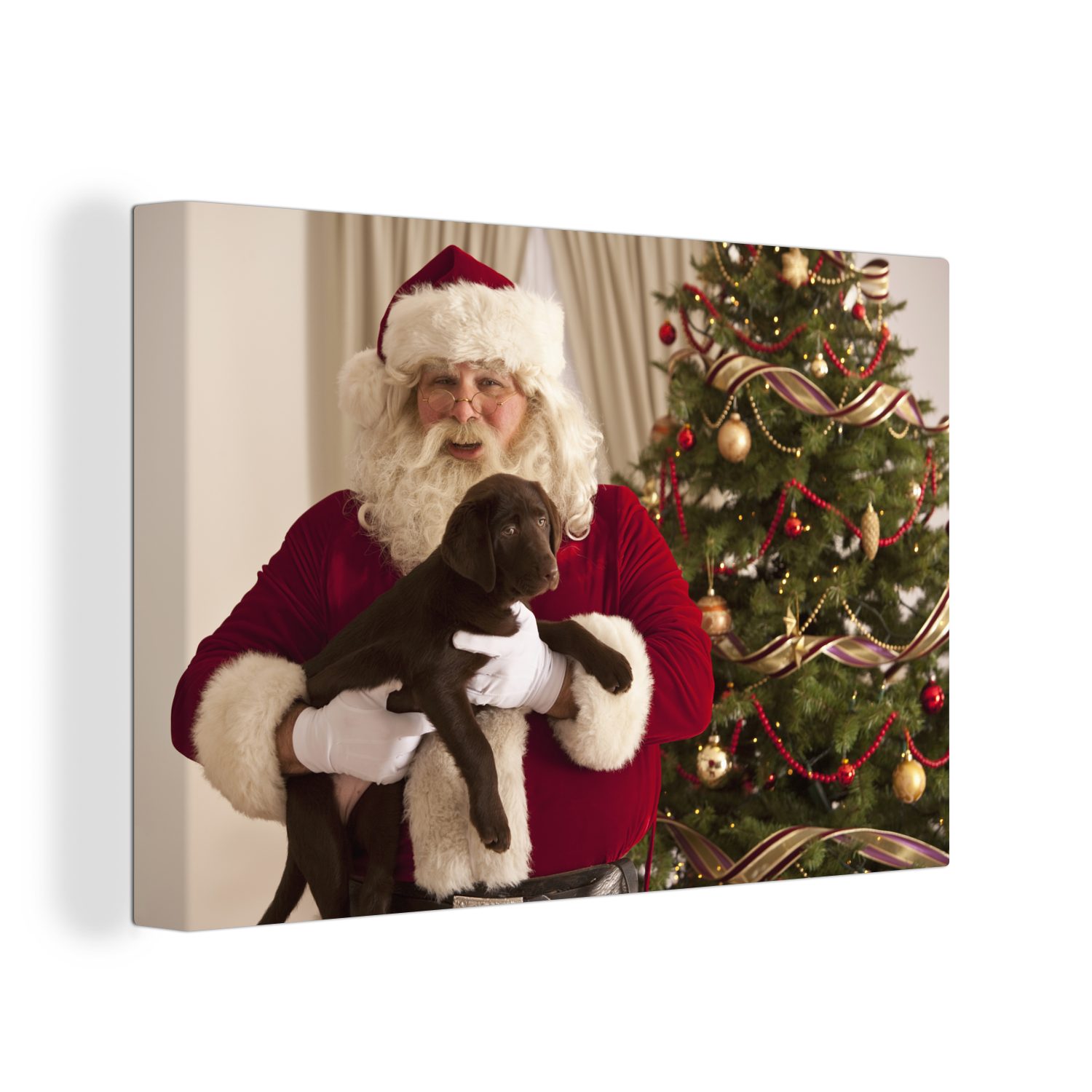 OneMillionCanvasses® Leinwandbild Der Weihnachtsmann mit einem St), Wandbild cm Wanddeko, den (1 Händen, Aufhängefertig, Leinwandbilder, 30x20 in Hund braunen
