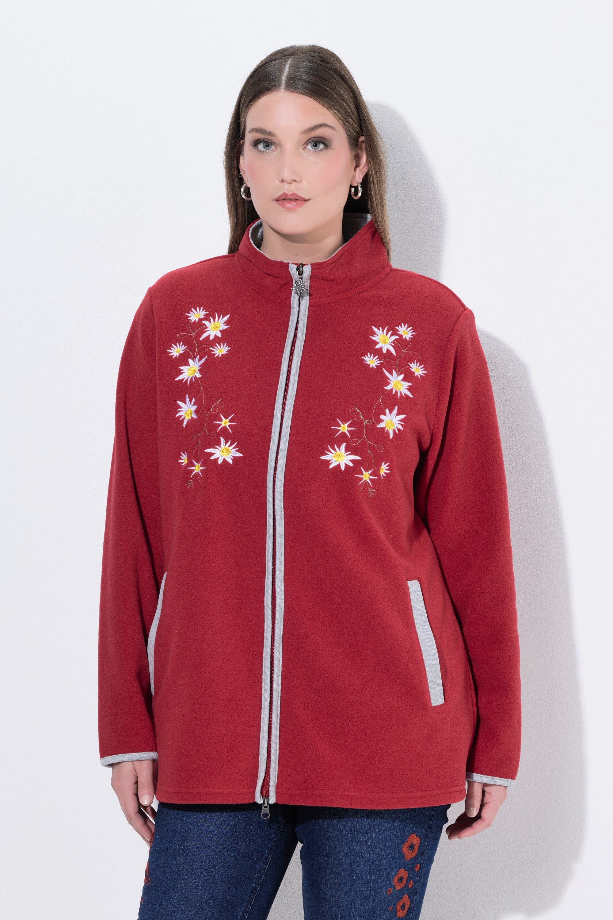 Ulla Popken Sweatjacke Trachten-Fleecejacke Edelweiß-Stickerei