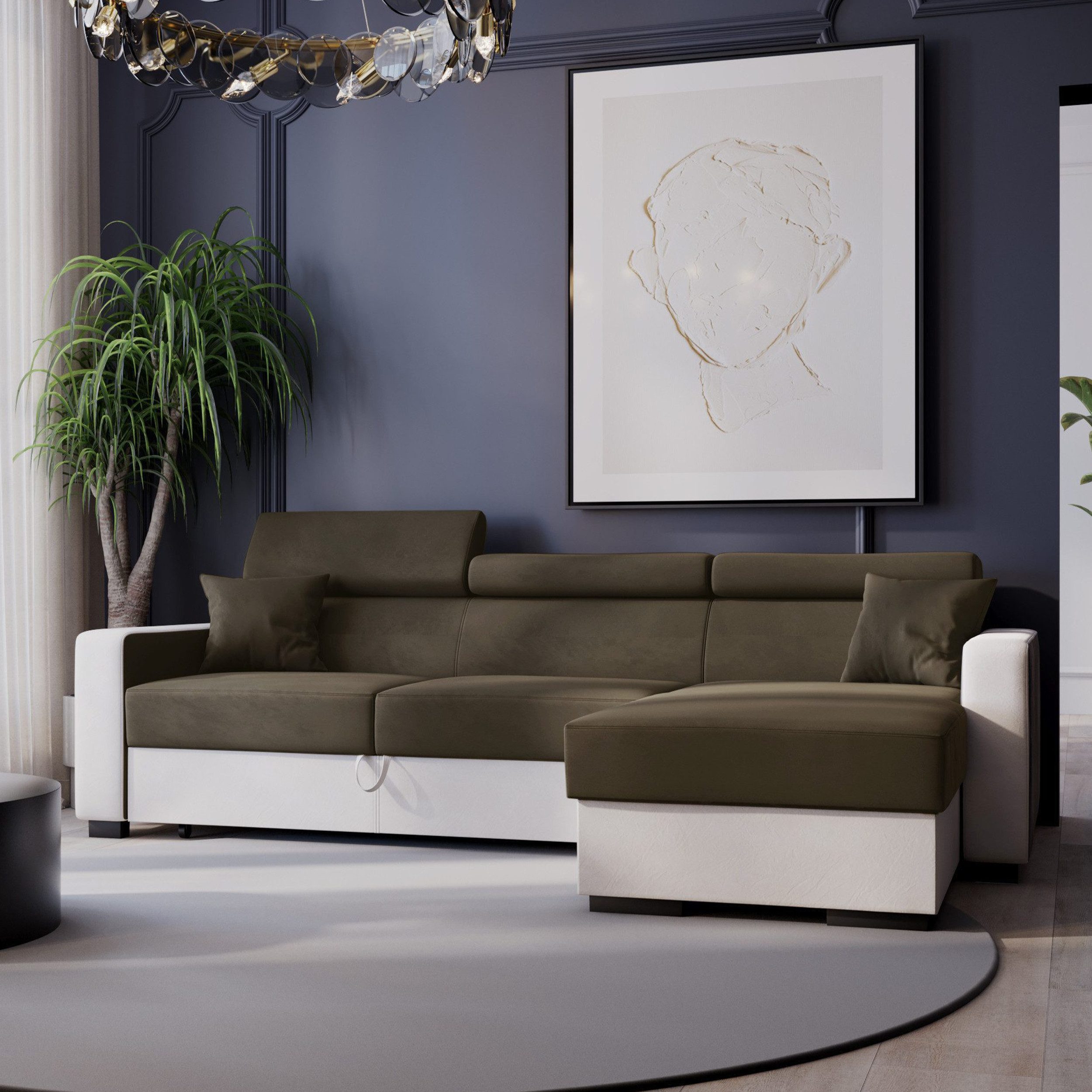Goldstoff Ecksofa mit Schlaffunktion & Bettkasten - DIWIA L-Form Sofa, mit Schlaffunktion, Couch für Wohnzimmer - Schlafsofa - Eckcouch, 3 verstellbare Kopfstützen - Easy Clean-Beschichtung