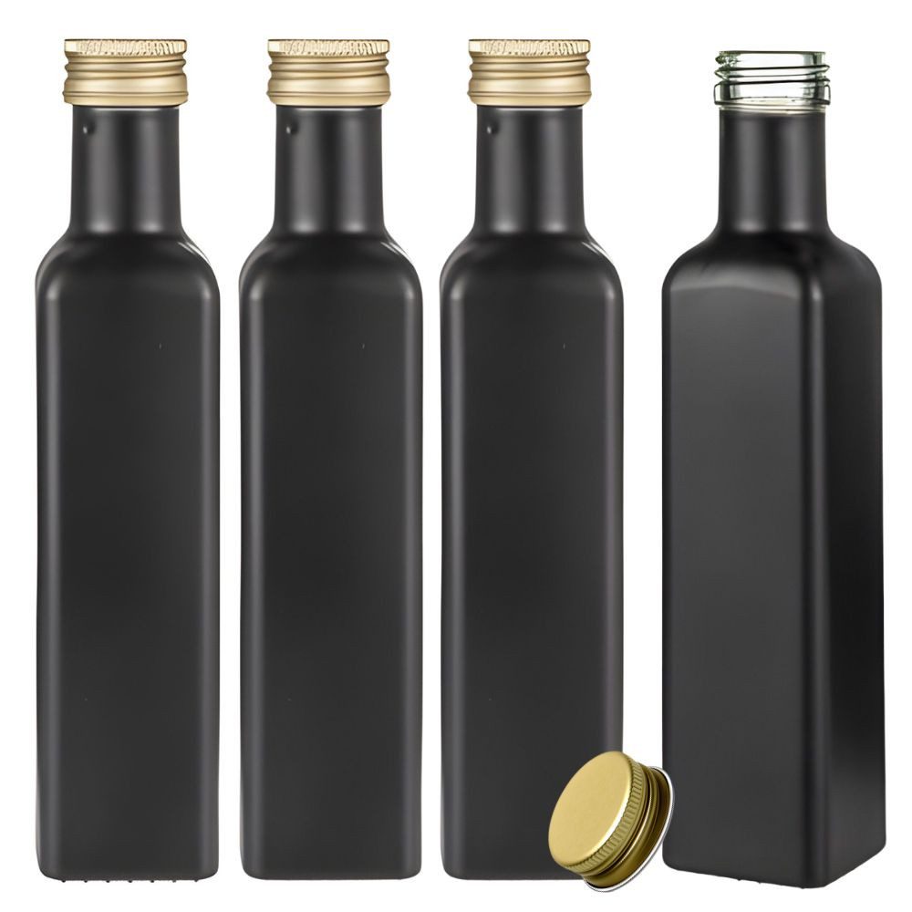 Ölspender Ölflaschen 250 ml matt schwarz mit Deckel & Etiketten, 4 Stück