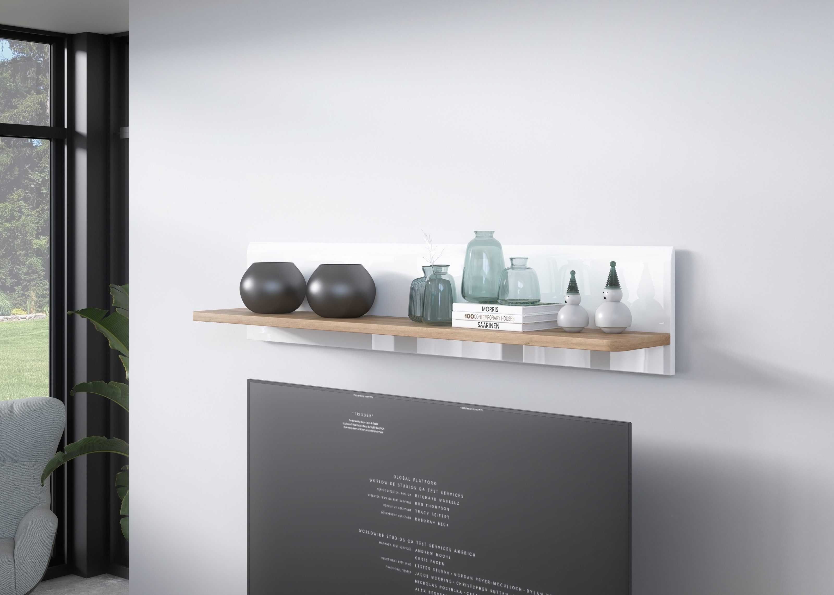 PREISBRECHER Wandboard ATTENTION, in Riviera Eiche / Weiß Gloss - 140x29x24cm (BxHxT)