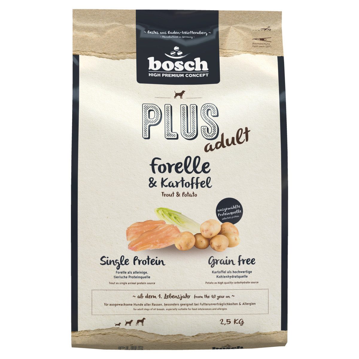 Bosch Petfood PLUS mit Forelle & Kartoffeln 2,5 kg, Trockenfutter für: Hund