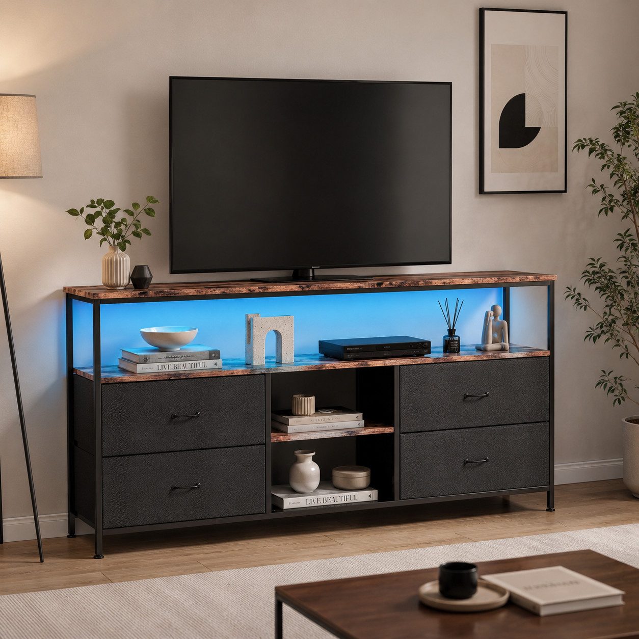 Simurq TV-Schrank TV-Schrank,TV-Ständer mit faltbaren Schubladen und Regalen,mit LED (3 Ablage, 4 Schubladen, Industrie-Stil) 1er Set, mit LED