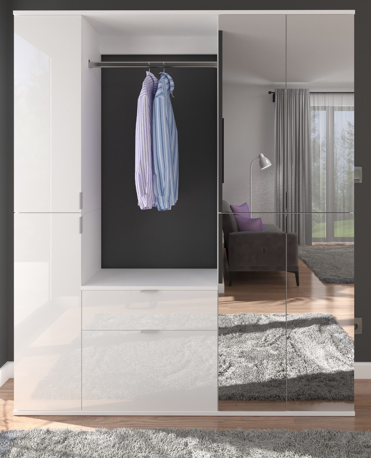 Inn.Furn Garderoben-Set SystemX, (Garderobe und Schuhschrank, weiß Hochglanz mit Spiegeltüren, 6-türig, 152 x 193 cm), Komplett-Set mit variabler Inneneinteilung