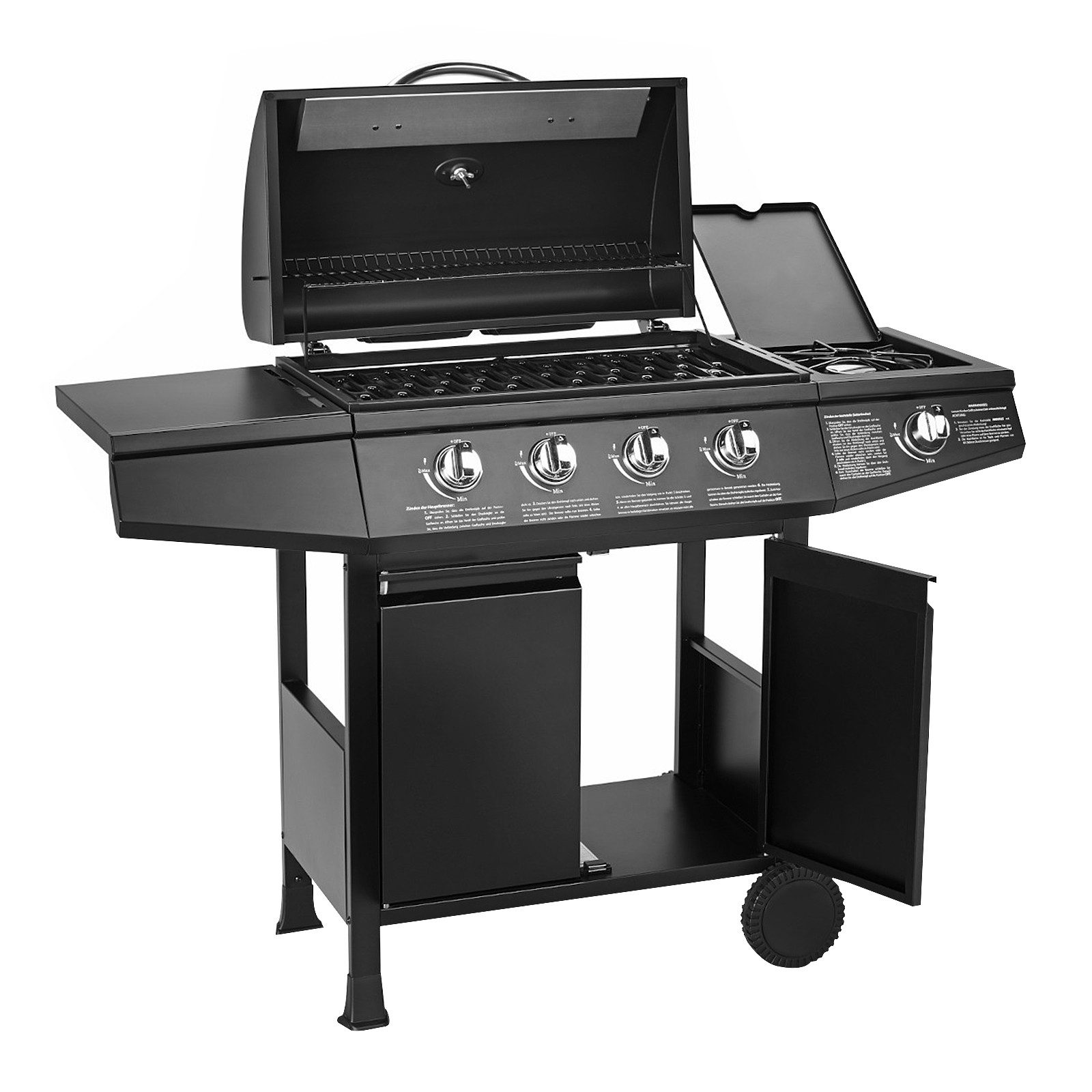 TAINO Gasgrill BASIC 4+1, Gasgrill mit Gasdruckminderer, Gasschlauch und Abdeckhaube, Piezozündung, 4 Brenner aus Edelstahl, Seitenkocher