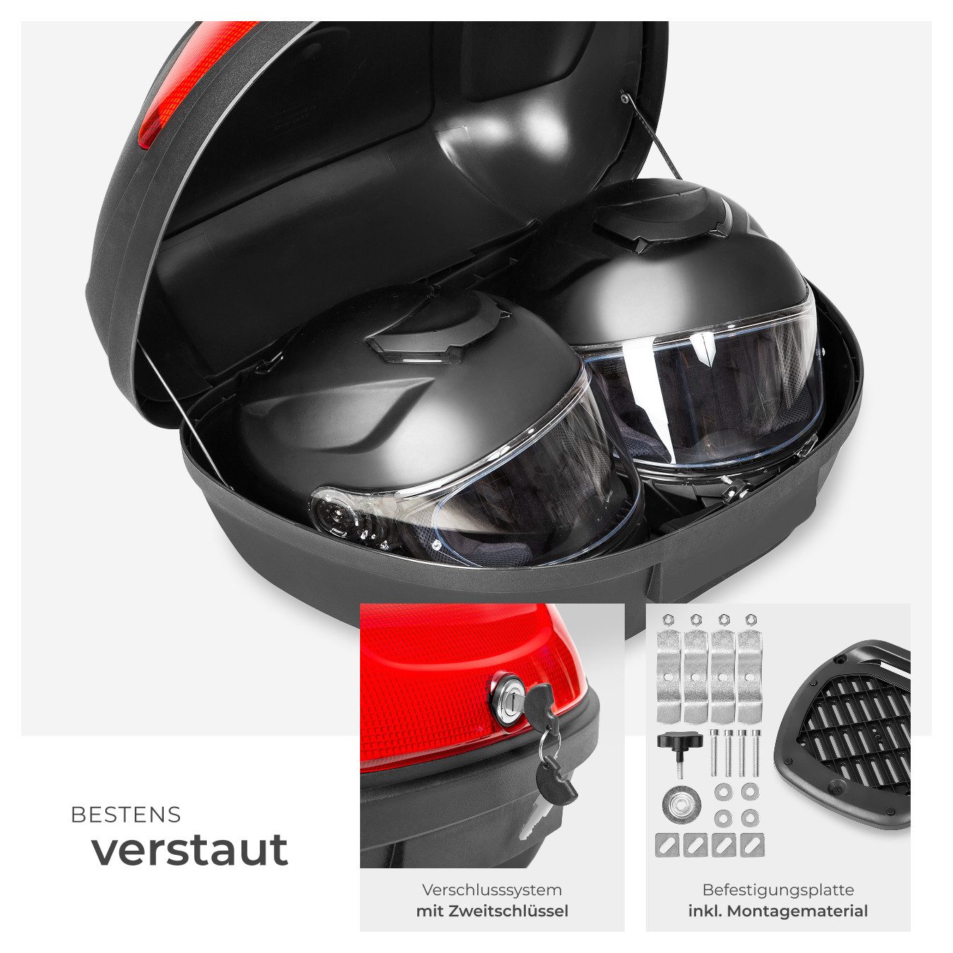 tectake Topcase Motorradkoffer mit Sicherheitsschloss, kleiner und großer Reflektor, (Volumen 48 l, Platz für 2 Helme, in schwarz), für Mofas, Roller, Motorräder und Quads