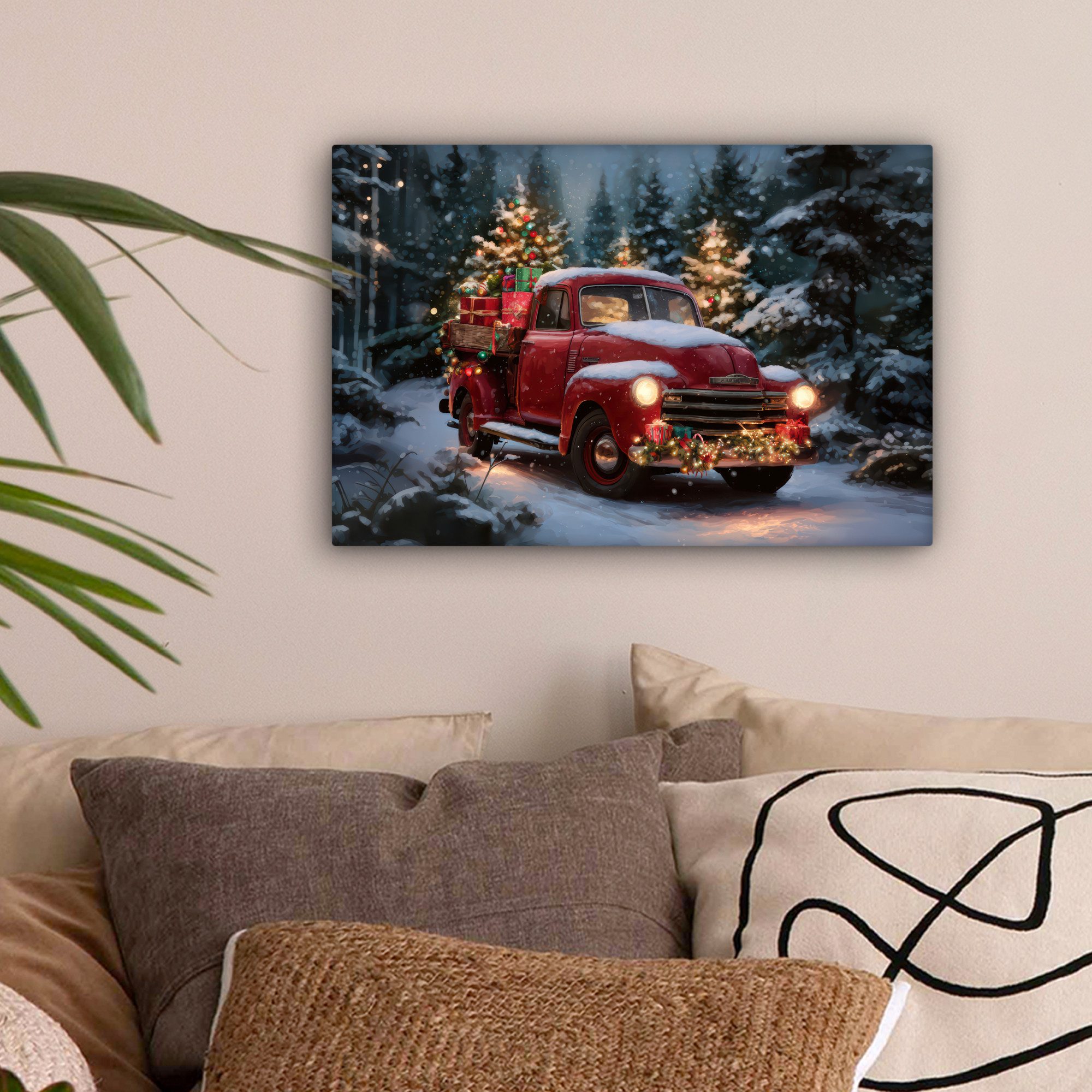 OneMillionCanvasses® Leinwandbild Weihnachts-LKW - Schneewald - Rot, Fotodr günstig online kaufen