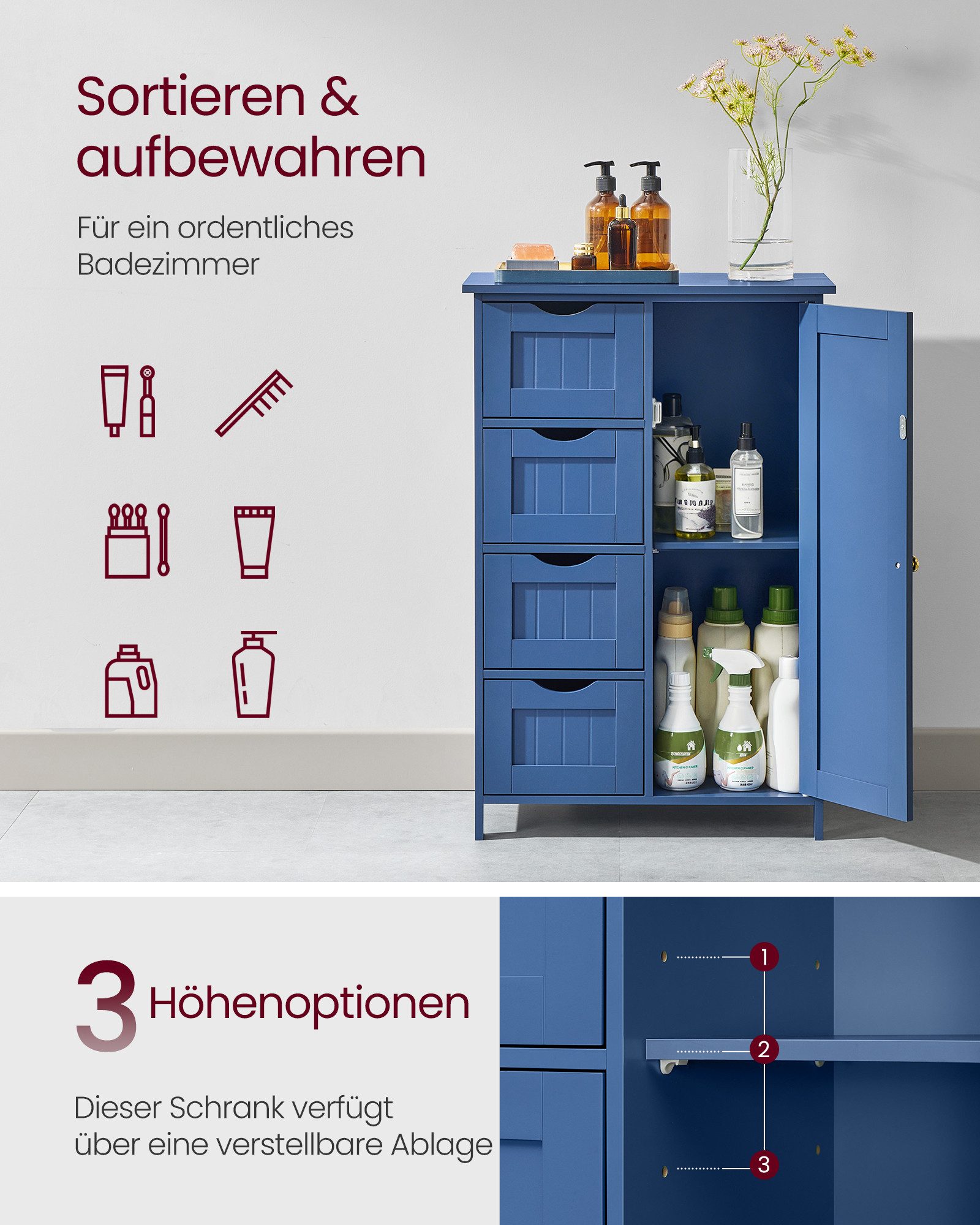 VASAGLE Badmöbel-Set Badezimmerschrank Badschrank Beistellschrank,verstellbare Ablage, mit 4 Schubladen, Schranktür,30 x 55 x 82 cm,Kommode – Bild 5 von 5