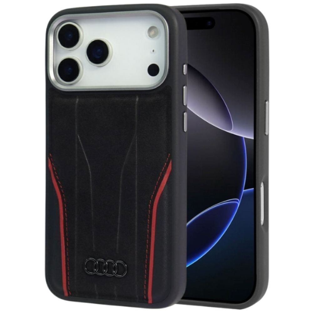 Audi Handyhülle iPhone 17 Pro Echtleder R8 MagSafe schwarz rot Logo Metall 6,3 Zoll, Kantenschutz