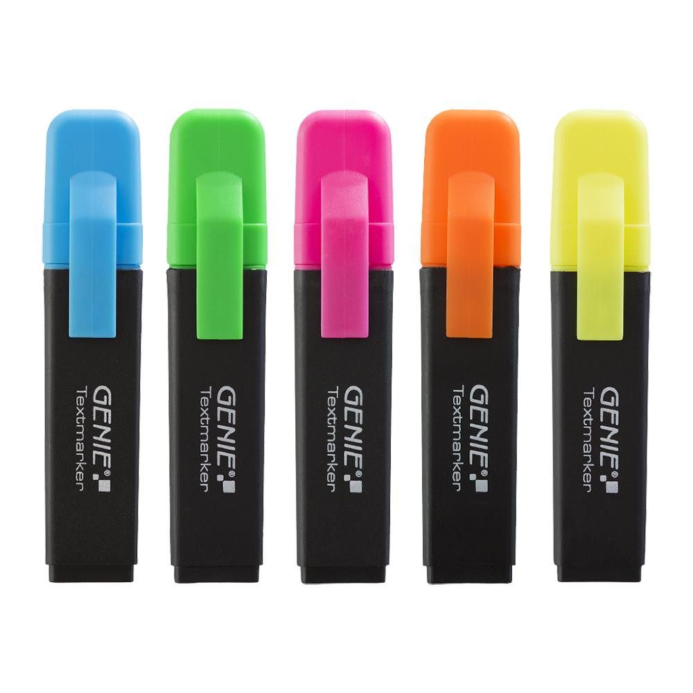 GENIE Marker Leuchtstift-Set mit 5 Neonfarben und PVC-Etui, (Schreibwaren-Set, 6-tlg., 5 Neonmarker und PVC-Aufbewahrungstasche), Keilspitze, 1–5 mm Strichbreite, Tinte auf Wasserbasis