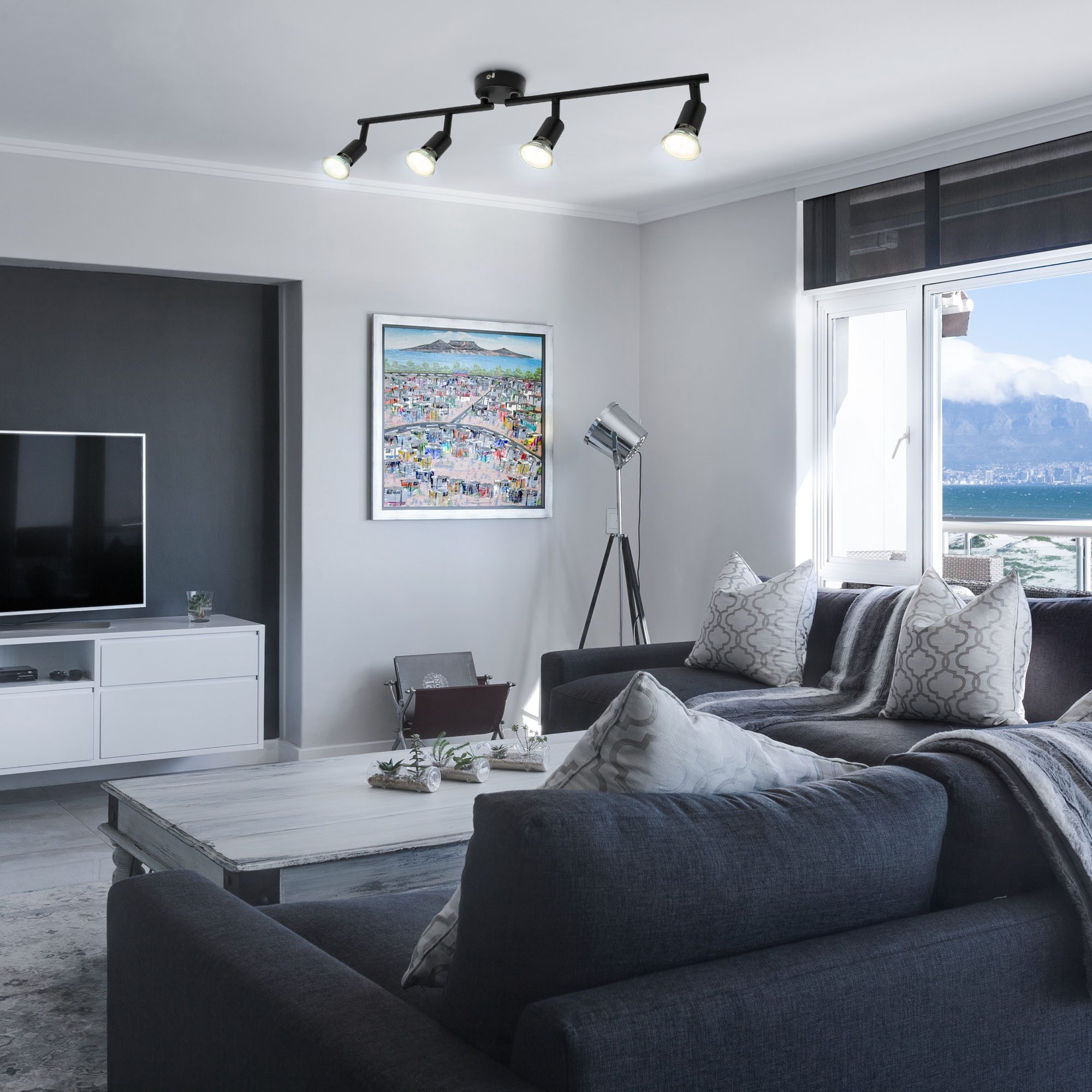 B.K.Licht Deckenleuchte LED Deckenlampe Wohnzimmer Küche Bad 60 cm 4-flammig GU10 12W 1000lm, LED wechselbar, 3000K - Warmweiß, 4er Deckenstrahler Spot schwenkbar & drehbar Messing schwarz - BKL1546