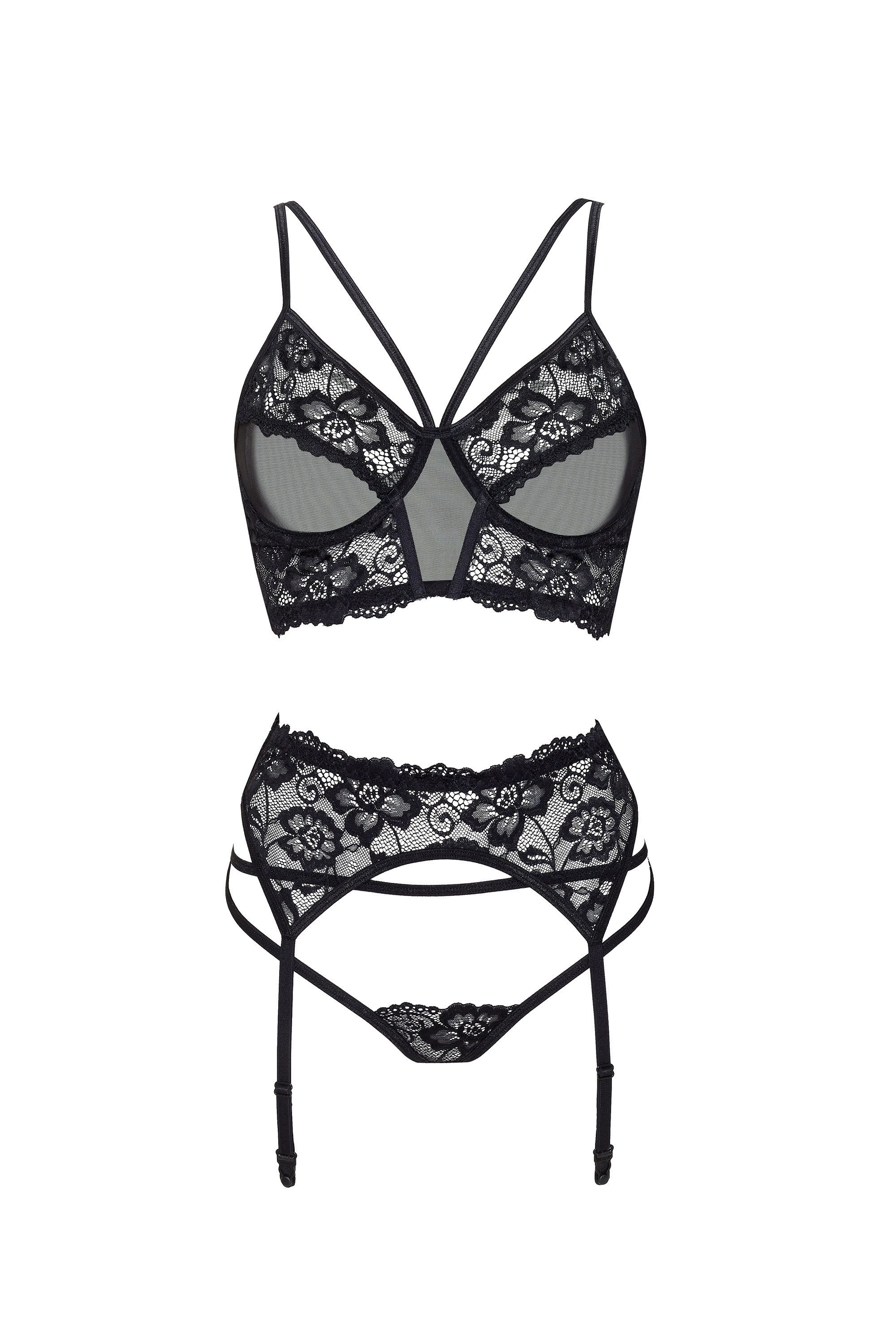 Beauty Night Fashion Set: Bügel-BH Strapse-Set Ryanne schwarz BH Strumpfgürtel String Dessous (Set)