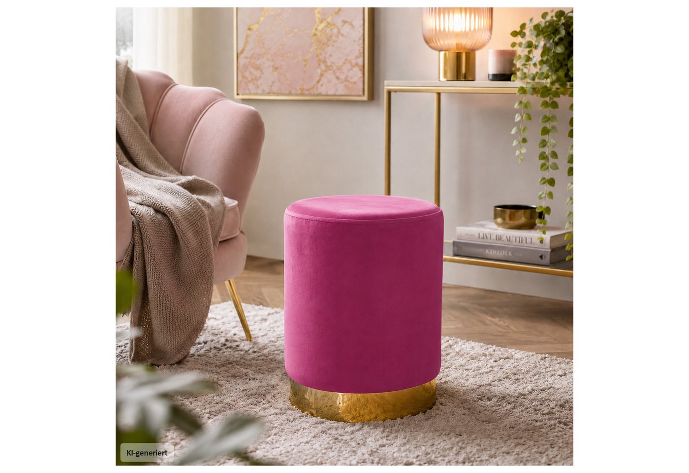HTI-Living Polsterhocker Hocker Reese Velvet Pink (1 Stück, 1 St., 1 Hocker), Sitzzylinder mit samtiger Oberfläche und goldenem Sockel