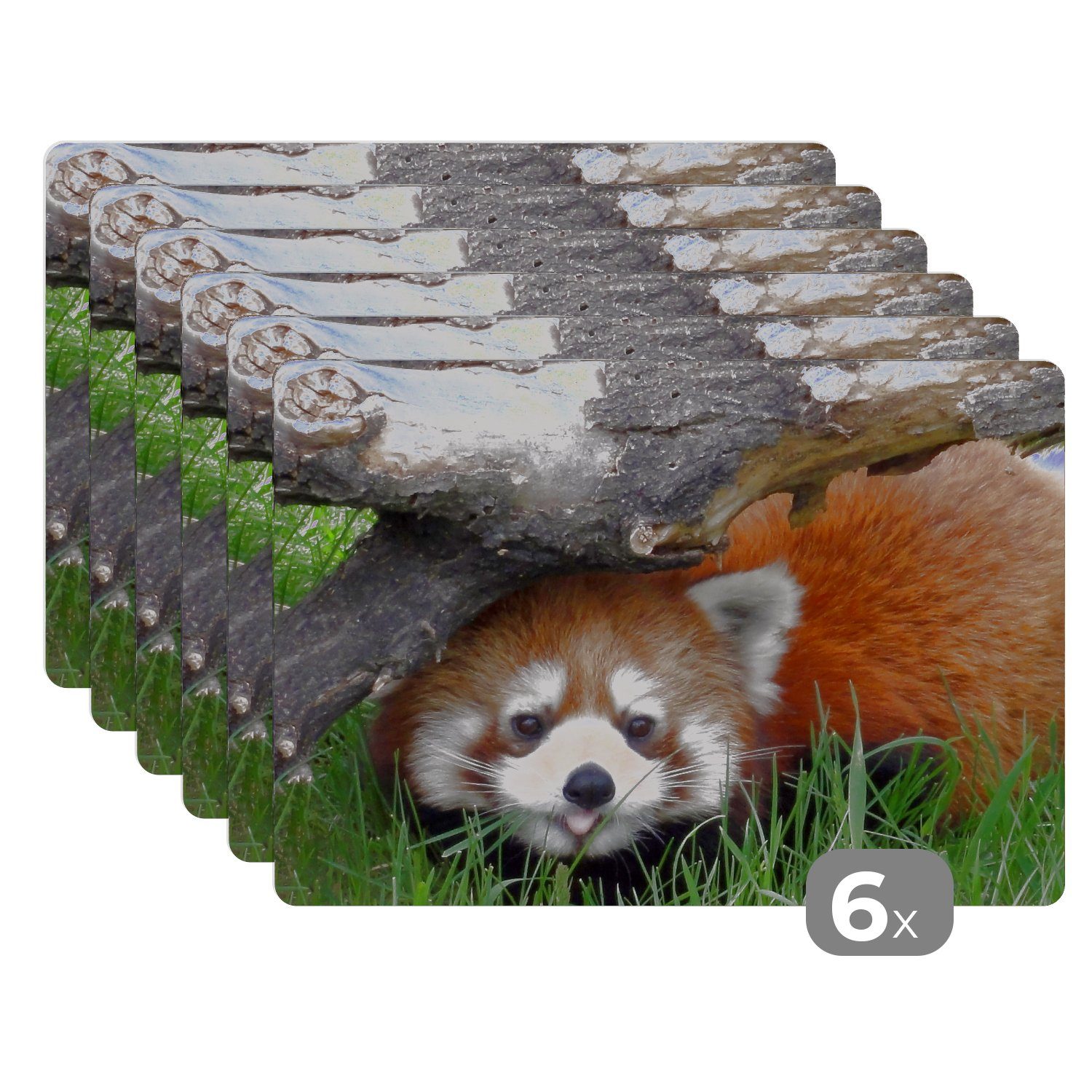 MuchoWow, Tischmatten, Roter Panda Platzset, Gras, Platzmatte, Platzdecken, (6-St), - Schmutzabweisend Stängel - Platzset,