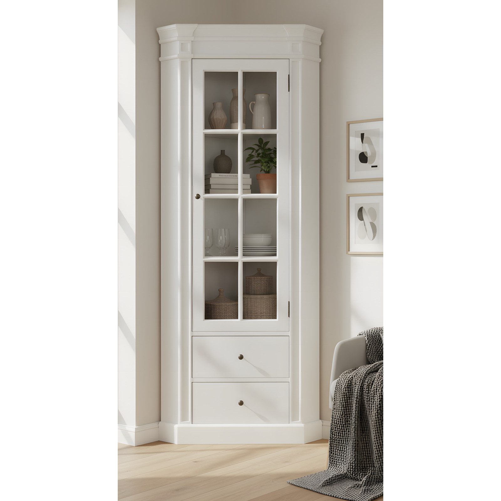 ebuy24 Vitrine Amaretta Eckschrank antik weiß, antik patiniert. B
