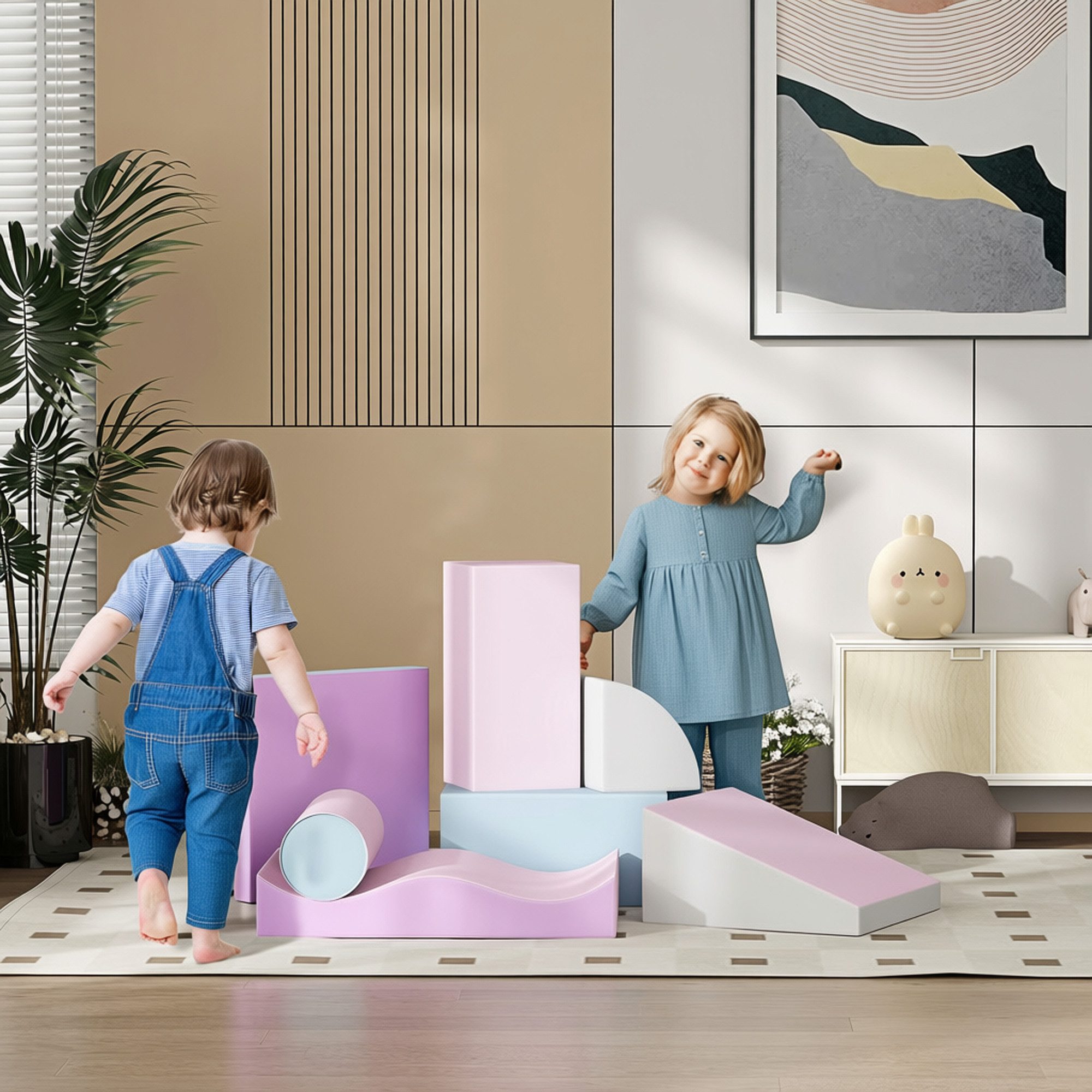 HOMCOM Schaumstoff Bausteine Toben & Klettern Bauspielzeug Schloss-Set Spielbausteine, (Riesenbausteine, 7 St., Bausteinset), für Kinderzimmer und Kindergarten, Kunstleder, Bunt