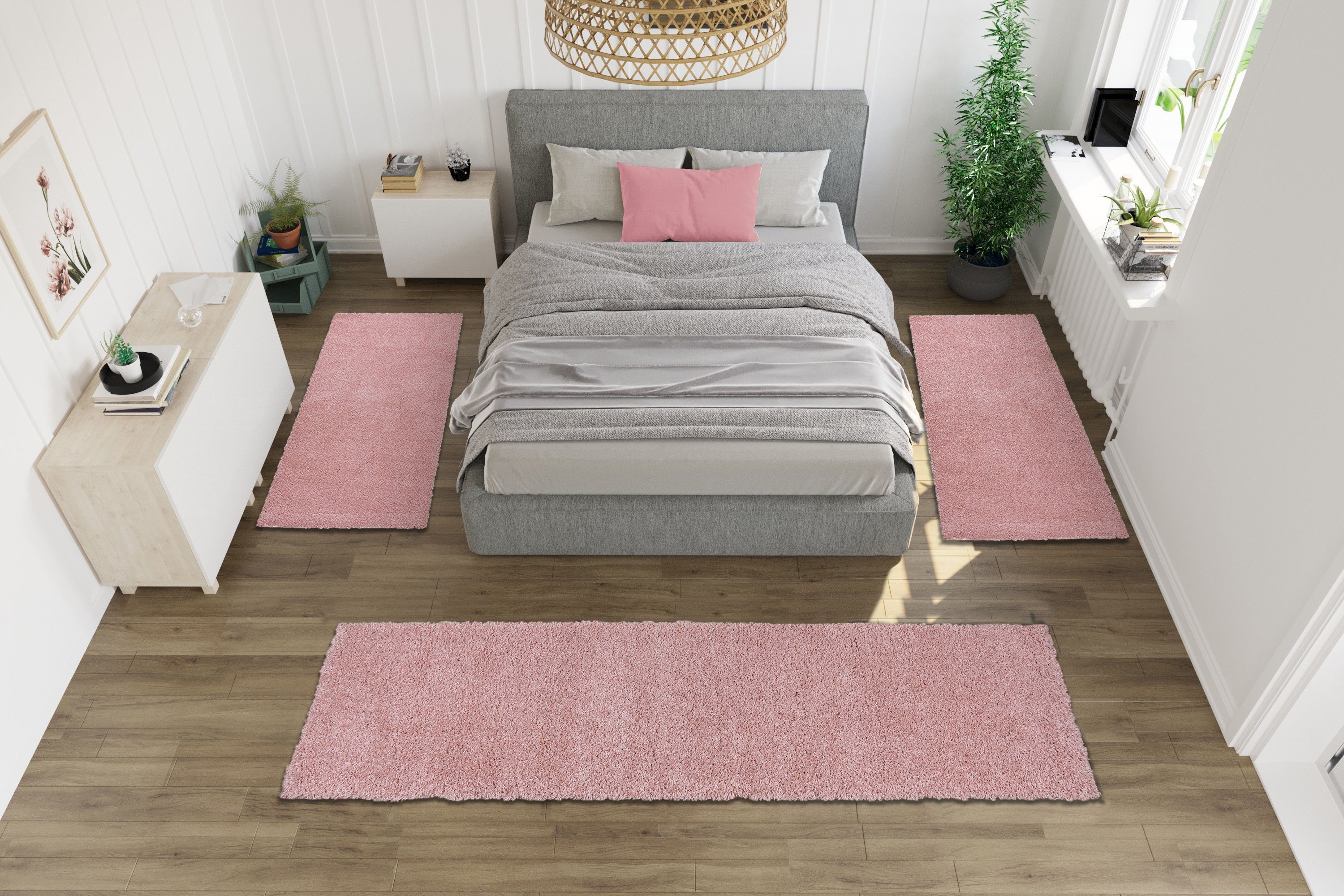Bettumrandung Viva Home 45 Höhe Bettvorleger, einfarbig, affaire, mm, besonders rosa Uni-Farben, (3-tlg), Läufer-Set, kuschelig