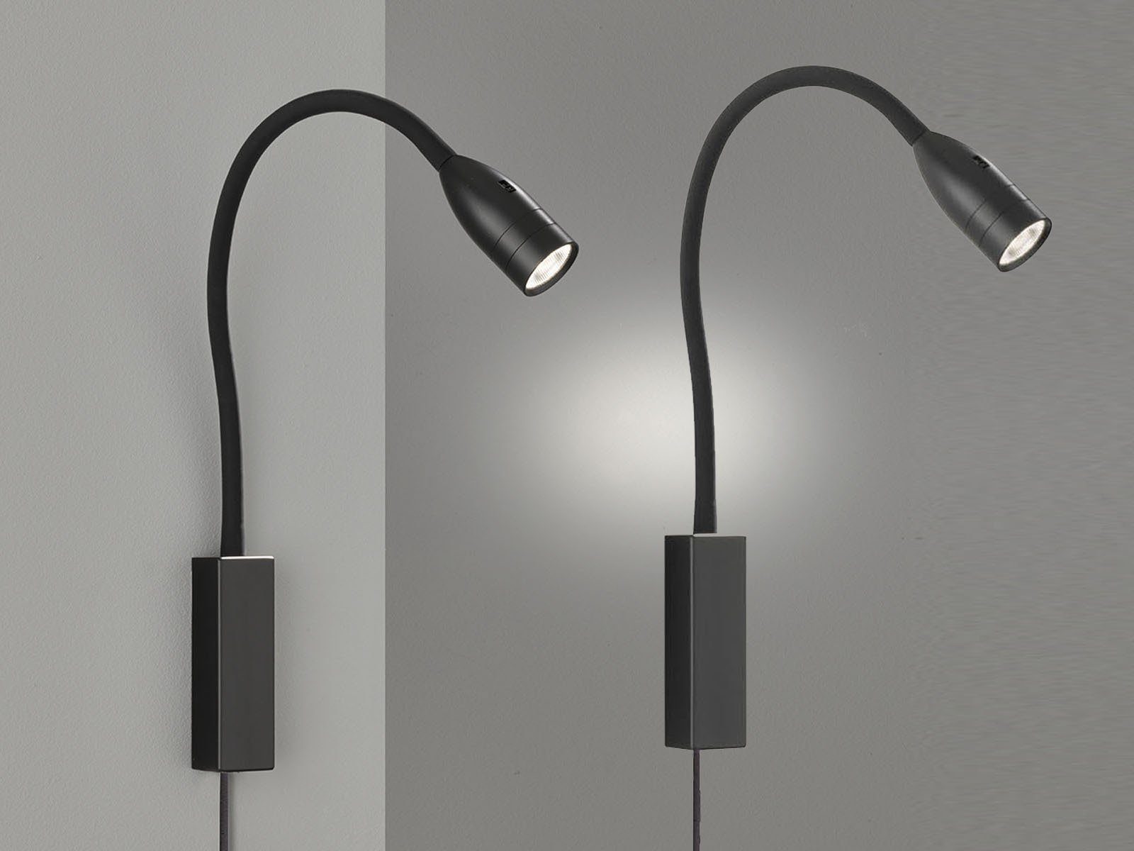 FISCHER & HONSEL LED Leselampe mit Stecker, Gestensteuerung, Breite 4cm, Dimmfunktion, LED fest integriert, Warmweiß, 2er SET Bett-Leuchten Wand-Montage, Schwanenhals-Lampen Schwarz