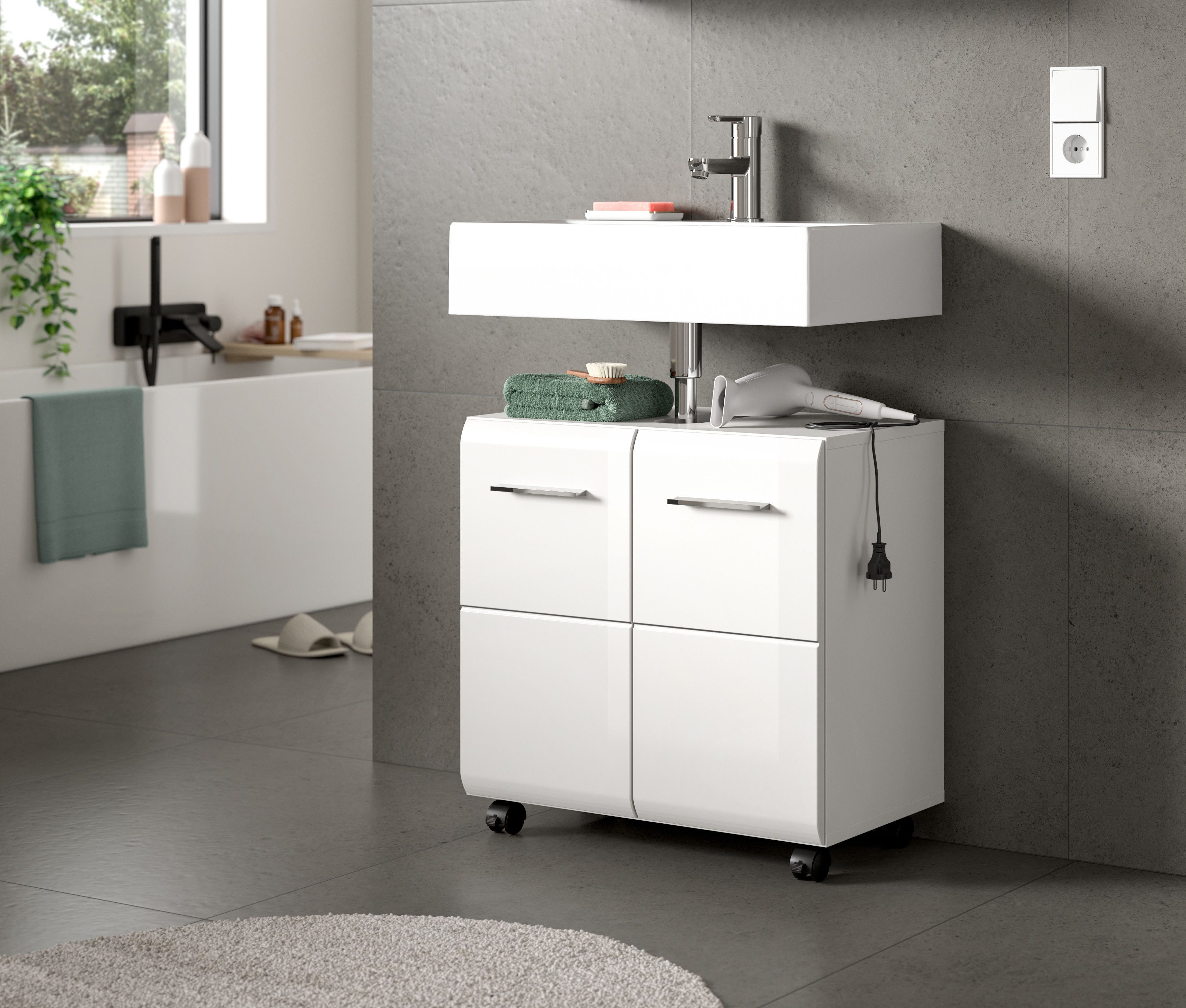 welltime Waschbeckenunterschrank FLORENZ, Breite 60cm, inkl. Siphonausschnitt, mit Türen oder Schüben (TOPSELLER) hochwertige MDF Front, Griff schwarz, Badschrank, Bad