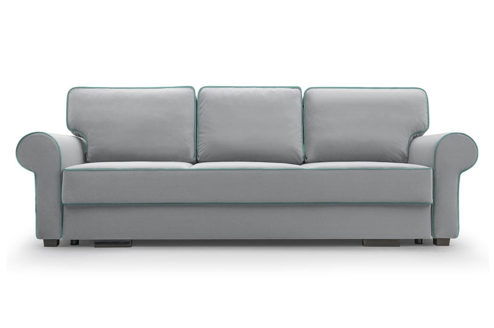 Sofa velvet 3-Sitzer inklusive Schlaffunktion 83 Retro-Stil, 72) BELLO, Beautysofa Veloursstoff, aus Wohnzimmer, Grau (matt Dreisitzer für + Bettkasten, Wellenfedern, in