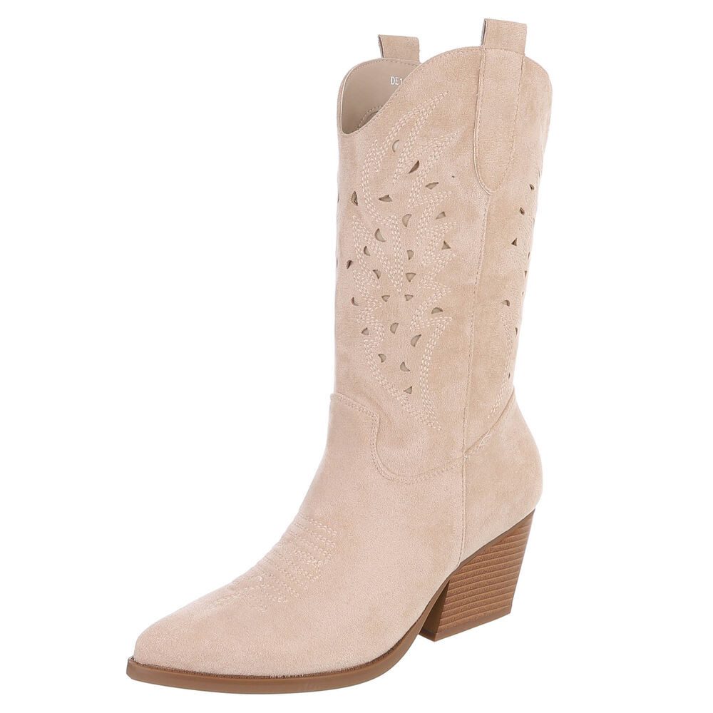 Ital-Design Stylische Stiefeletten mit filigranem Design und Komfort Westernstiefel (91409527) Blockabsatz Stiefel in Beige