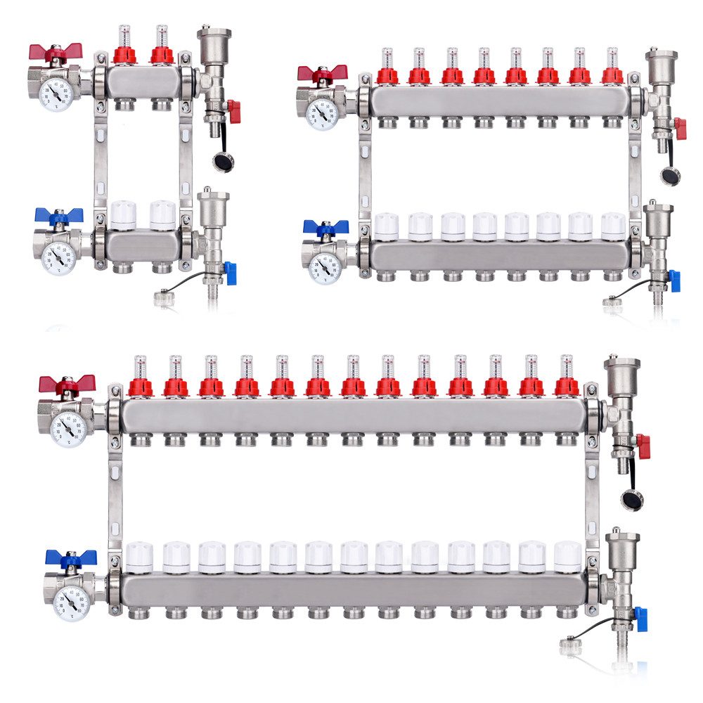 XERSEK Heizkreisverteiler Edelstahl Fußbodenheizung Verteiler mit 1" Kugelhahn Set Eurokonus 3/4 (2 Fach - 13 Fach), mit Durchflussmesser + Schnellentlüfter Set