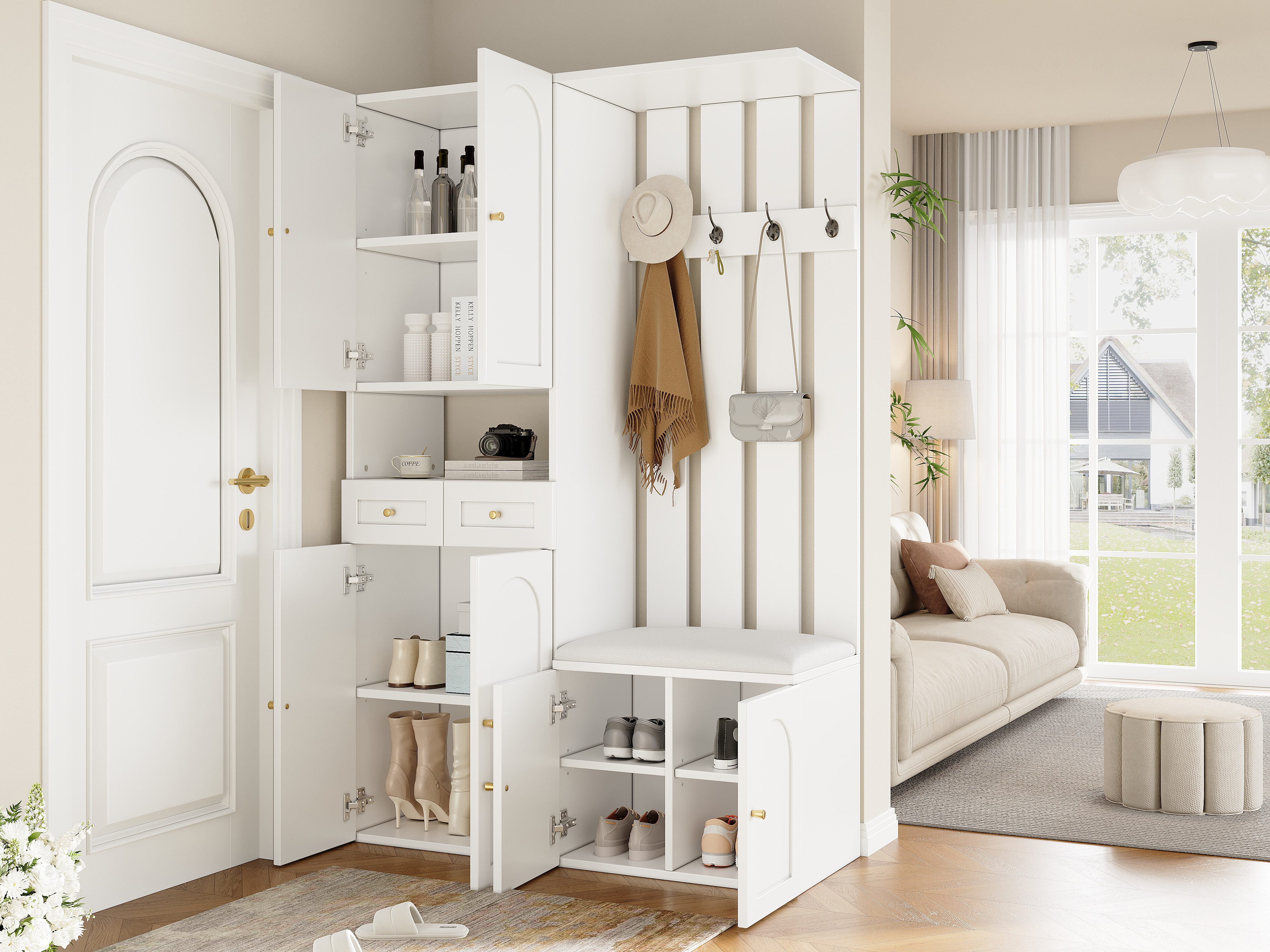 Refined Living Garderoben-Set Garderoben-Set mit Sitzbank, 6 Türen & 2 Schubladen, Weiß, (B110×T37×H180 cm, Flurgarderobe, Schuhschrank mit Sitzbank, 6 Türen, 2 Schubladen, 4 Haken, 1-St., viel Stauraum, All-in-One Möbel, modern, Weiß, stabil), mit Kippsicherung, für Flur, Garderobenbereich, kleine Wohnungen