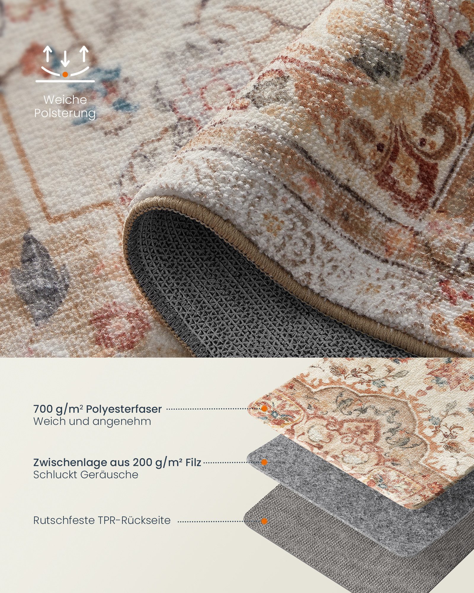 SONGMICS HOME Teppich Vintage, Wohnzimmerteppich, für Wohnzimmer, Küche, Flur, Esszimmer, rechteckig, Höhe: 10 mm, Schlafzimmer, waschbarer Teppich, rutschfester Teppich, 80 x 150 cm