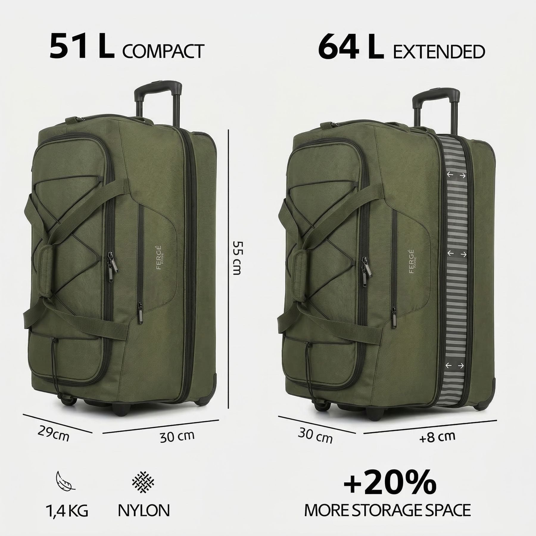 FERGÉ Reisetasche mit Rollen & extra Schuhfach, groß, Handgepäck, Tragetasche aus Nylon, Erweiterbare Reisetasche, Handgepäck / XL, Schuhfach & Außenfächer