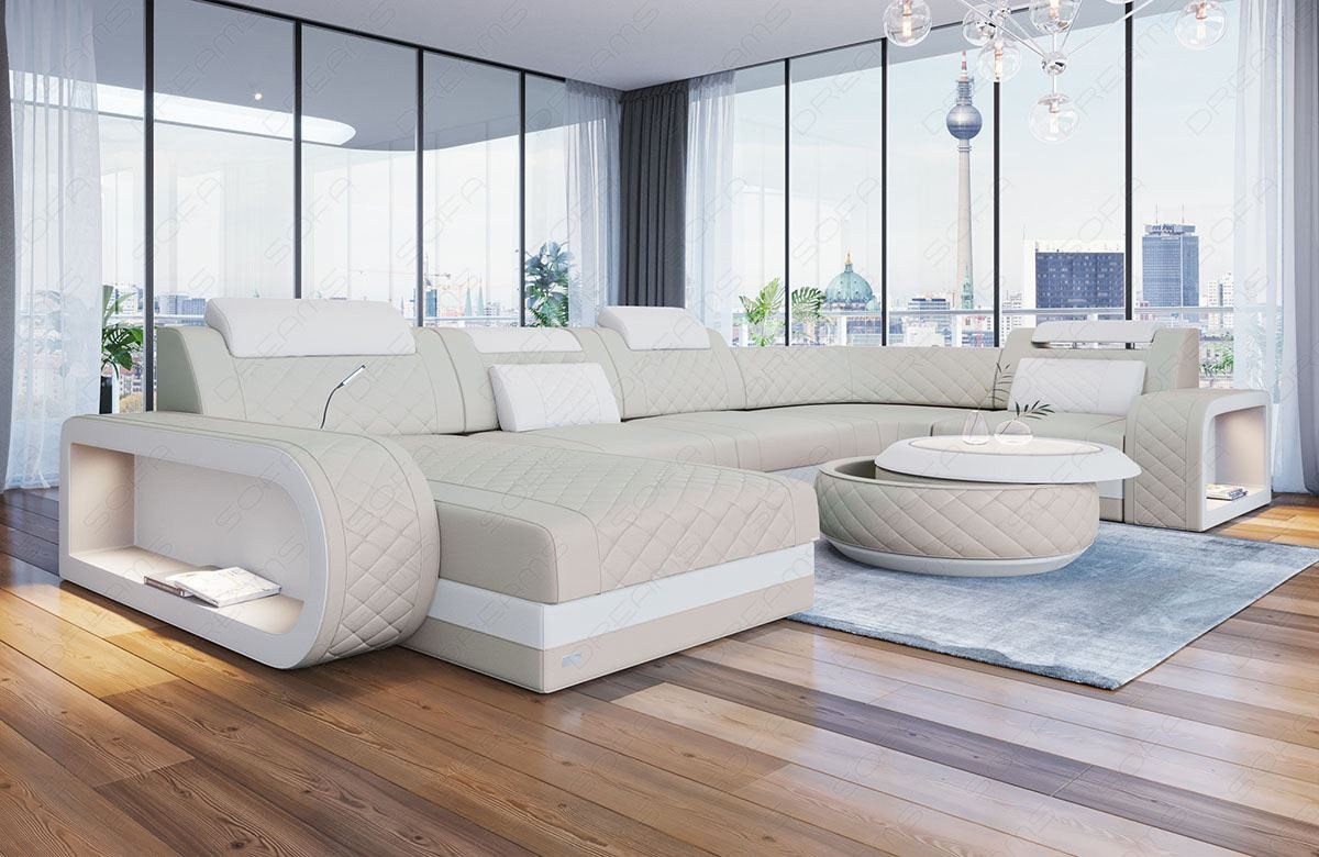 Sofa Dreams Wohnlandschaft Berlin U Form Mini Leder, Designersof, 6-Sitzer, LED-Beleuchtung, Couch, Kopfstützen, USB-Anschluss, Ottomane