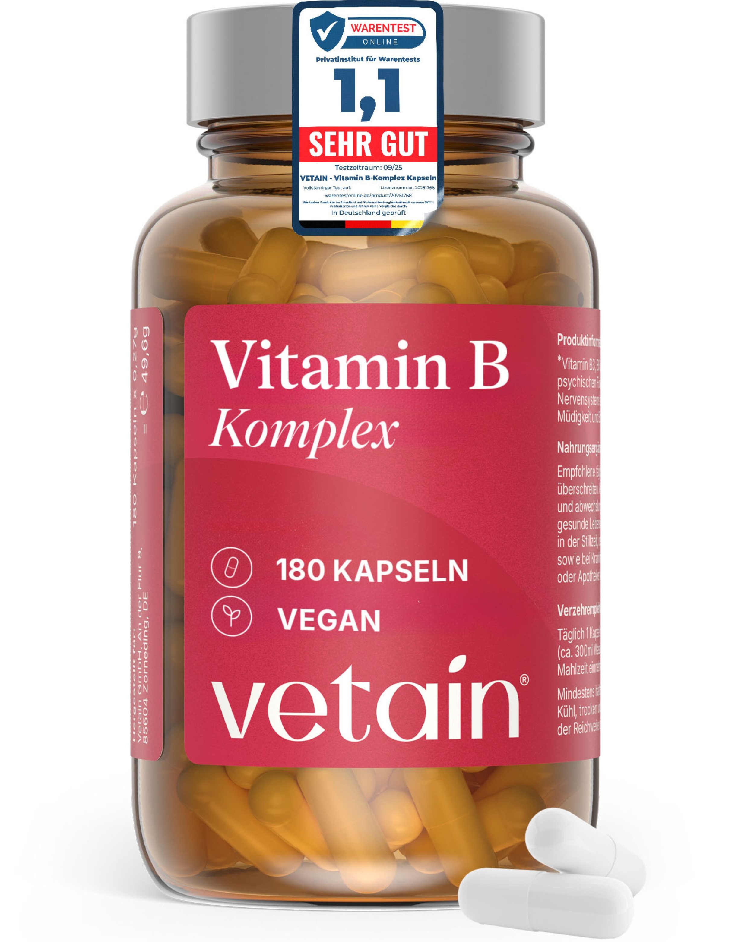 VETAIN Vitamin B Komplex hochdosiert - 180 Kapseln, 180 St., 32 g, In bioaktiver Form