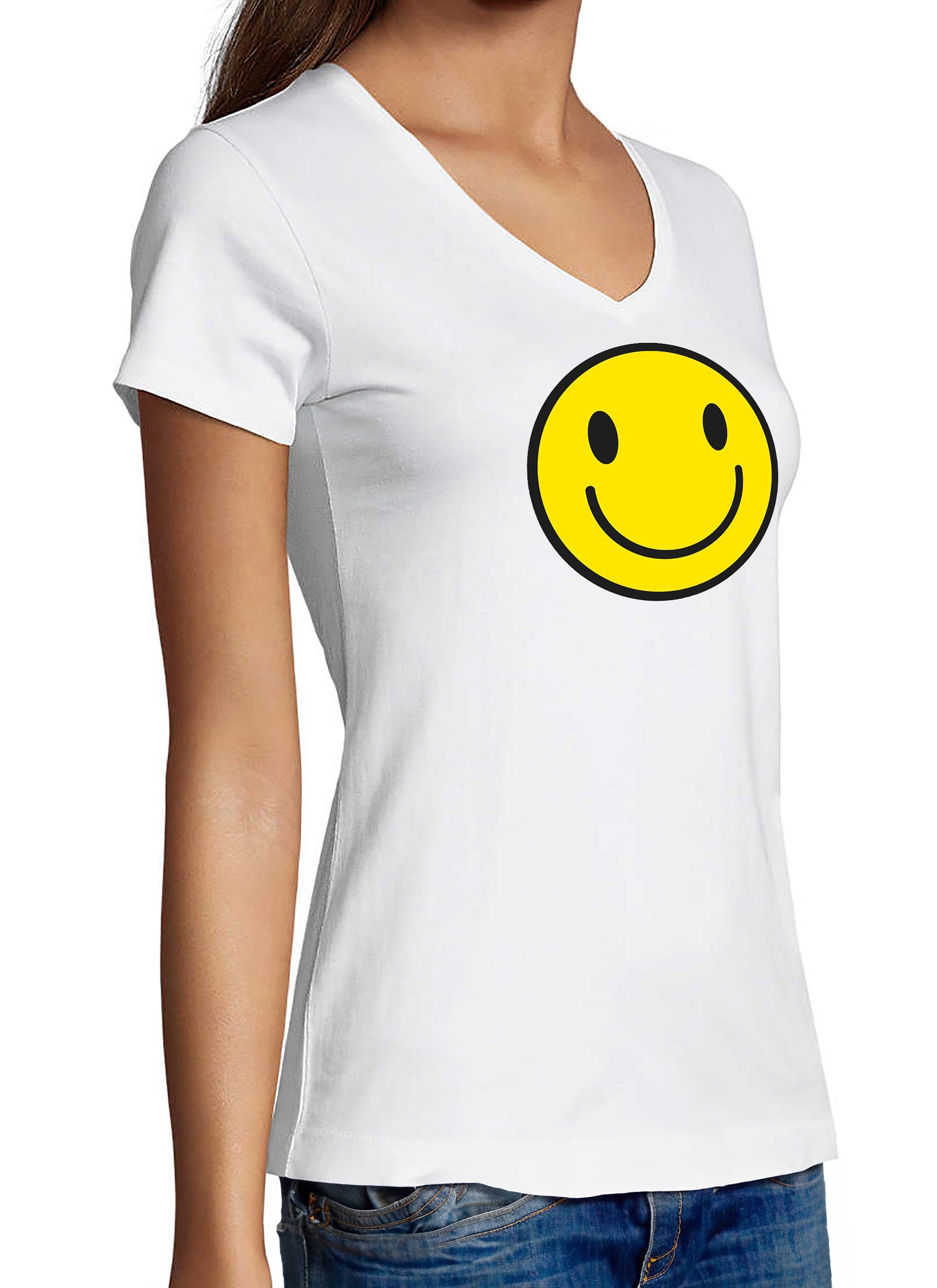 MyDesign24 T-Shirt Damen Smiley - Lächelnder Smiley Baumwollshirt Fit, weiss i281 Slim Aufdruck Print mit V-Ausschnitt Shirt
