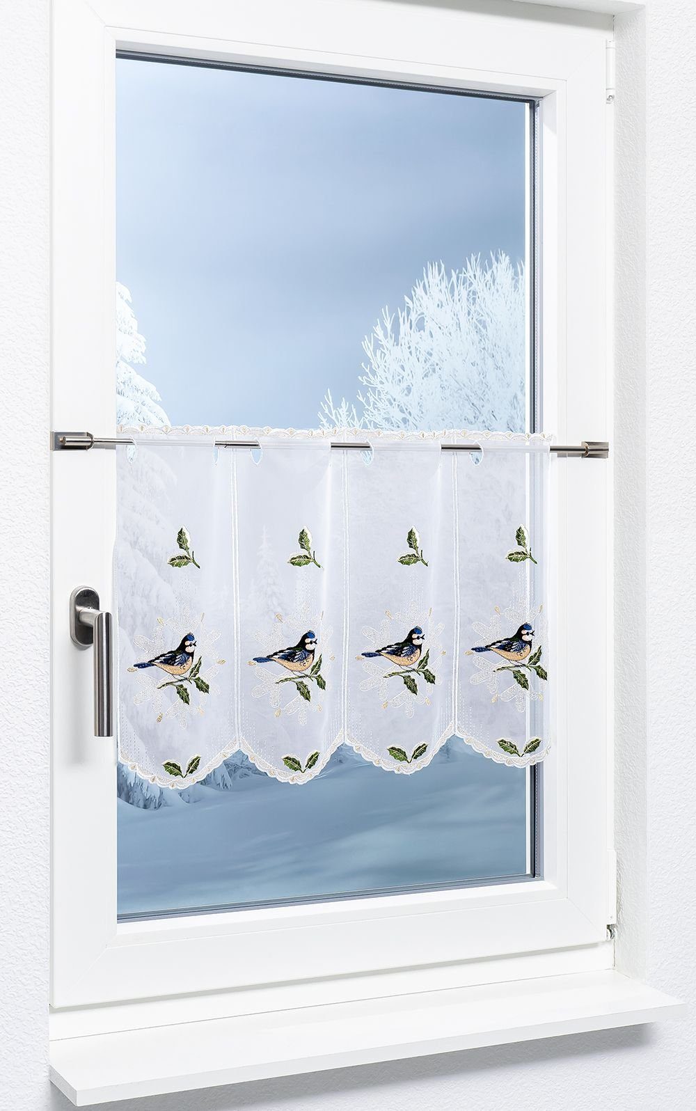 Plauener Spitze® Scheibengardine Blaumeise Schneeflocke, (1 günstig online kaufen