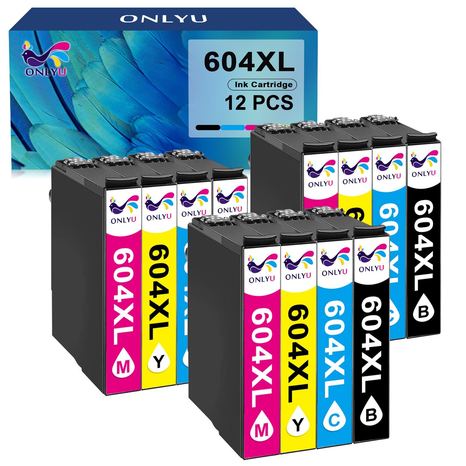 ONLYU 12PK 604 Druckerpatronen ersetzt für Epson 604XL Tintenpatrone (Schwarz/Cyan/Magenta/Gelb für Epson WF-2910DWF WF-2930DWF WF-2935DWF WF-2950DWF, XP-2200 XP-2205 XP-3200 XP-3205 XP-4200 XP-4205 XP-4250)