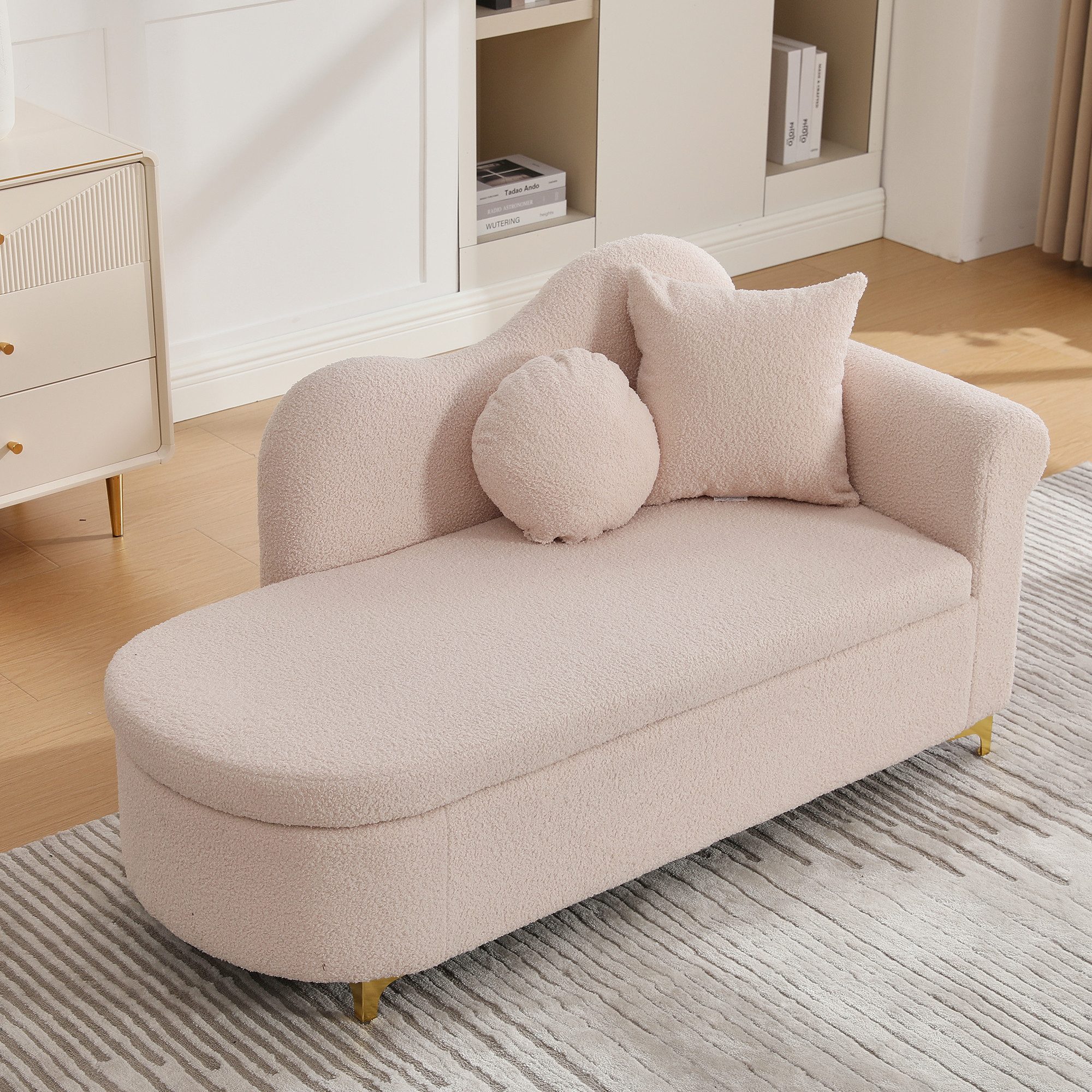 REDOM Chaiselongue Beistell-Liege 134x64x70 cm mit Stauraum, modernes Design, Teddyplüsch-Bezug, wellige Lehne, komfortable Polsterung 1 Teile, Inklusive 2 Kissen, ideal für Wohnzimmer & Leseecke