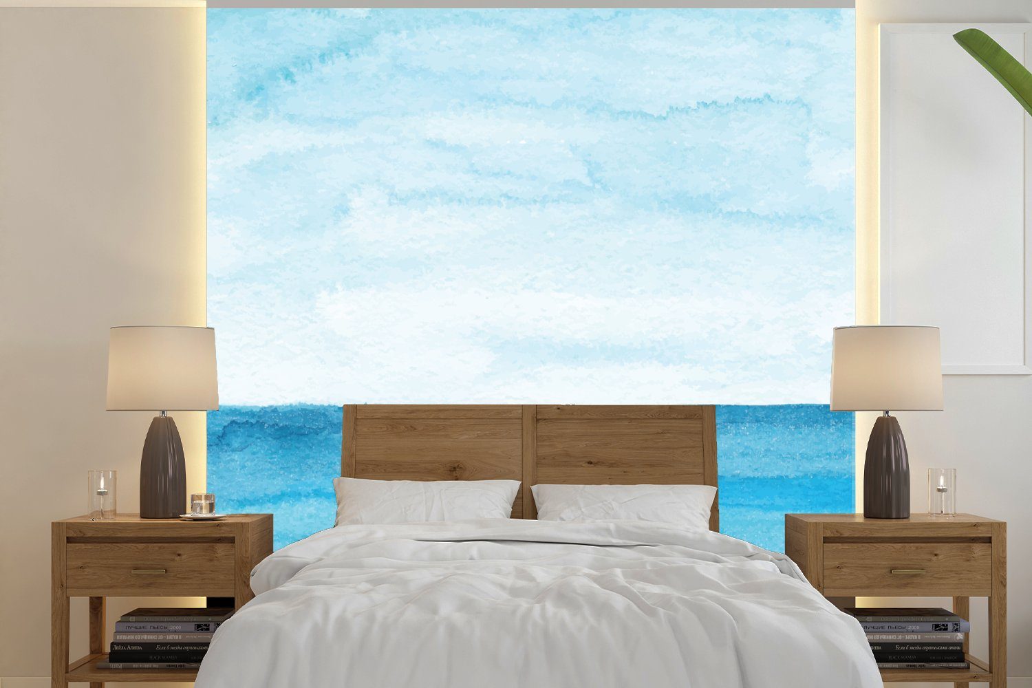MuchoWow Fototapete Meer - Aquarell - Blau, Matt, bedruckt, (4 St), Vliestapete für Wohnzimmer Schlafzimmer Küche, Fototapete