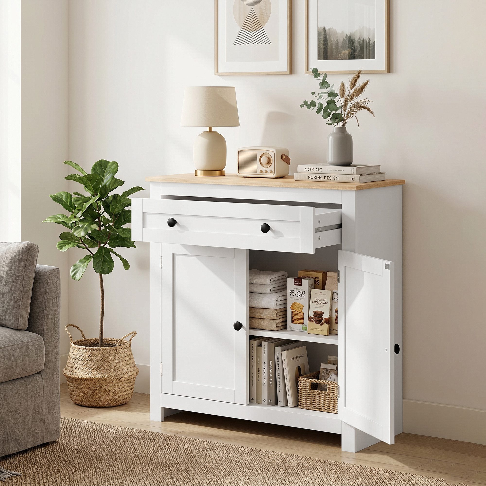 HOMCOM Sideboard mit Schublade, Doppeltür, Verstellbarer Einlegeboden (Küchenschrank, 1 St., Moderner Aufbewahrungsschrank), für Wohnzimmer, Schlafzimmer 78,5 x 35 x 80 cm Weiß