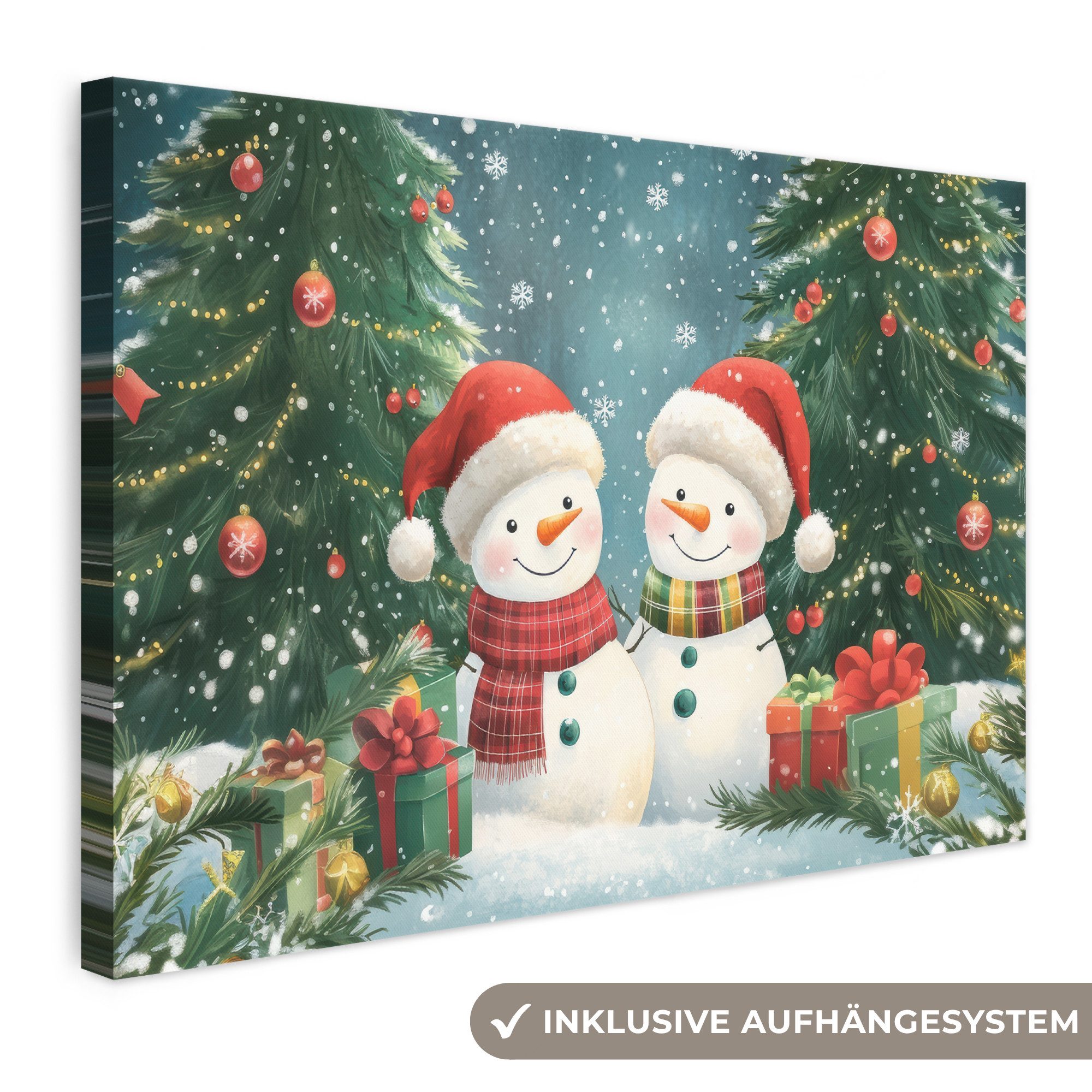 OneMillionCanvasses® Leinwandbild Schneemann - Weihnachtsschnee - Grün - Rot, Fotodruck (1 St), Leinwand Bilder Klein, Wand Dekoration Aesthetic 30x20 cm